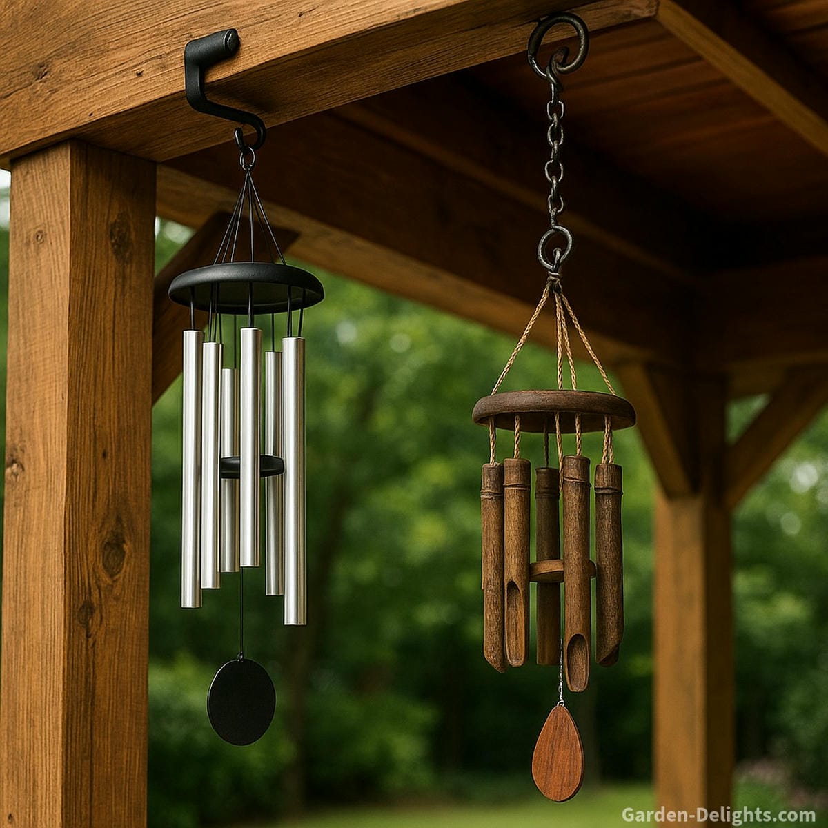 Wind chimes mounted with no-drill hooks and decorative chains on a wooden gazebo beam, symbolizing secure outdoor placement, airflow-tuned acoustics, balanced sway movement, and harmonious garden energy flow