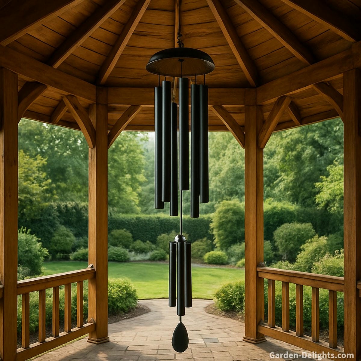 Wind chimes hanging from the center of a wooden octagonal gazebo with a pitched roof, creating echo-enhanced tones and balanced acoustic flow in a circular garden sanctuary