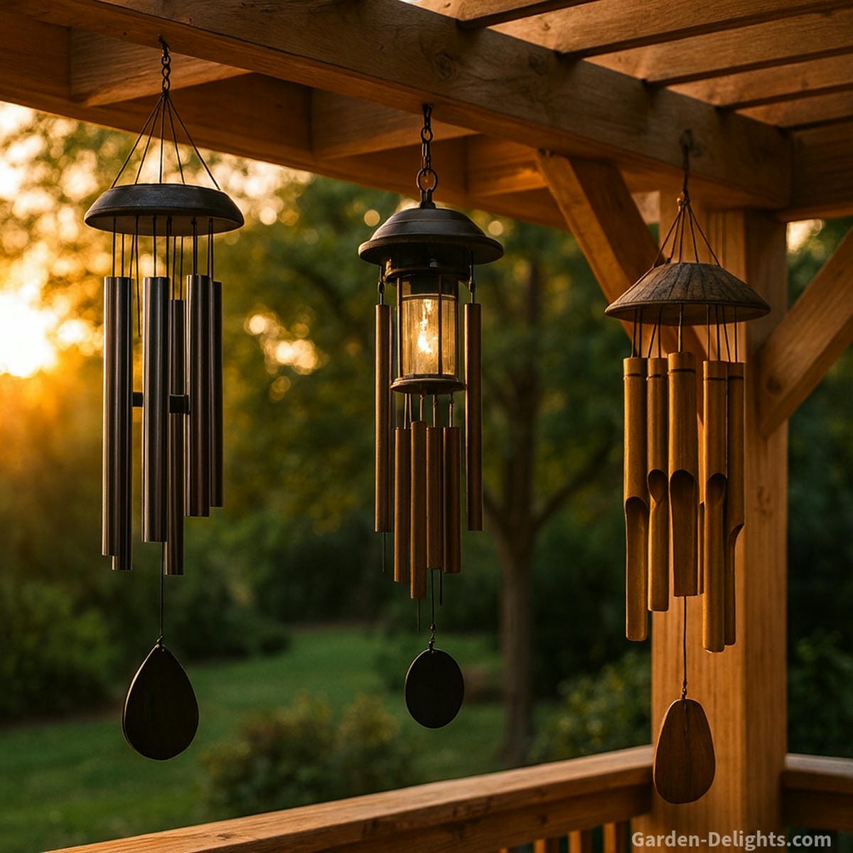 Aluminum, bamboo, and solar lantern wind chimes hanging from a wooden gazebo beam with soft sunset light, showing airflow-tuned placement, durable outdoor materials, and calming garden acoustics