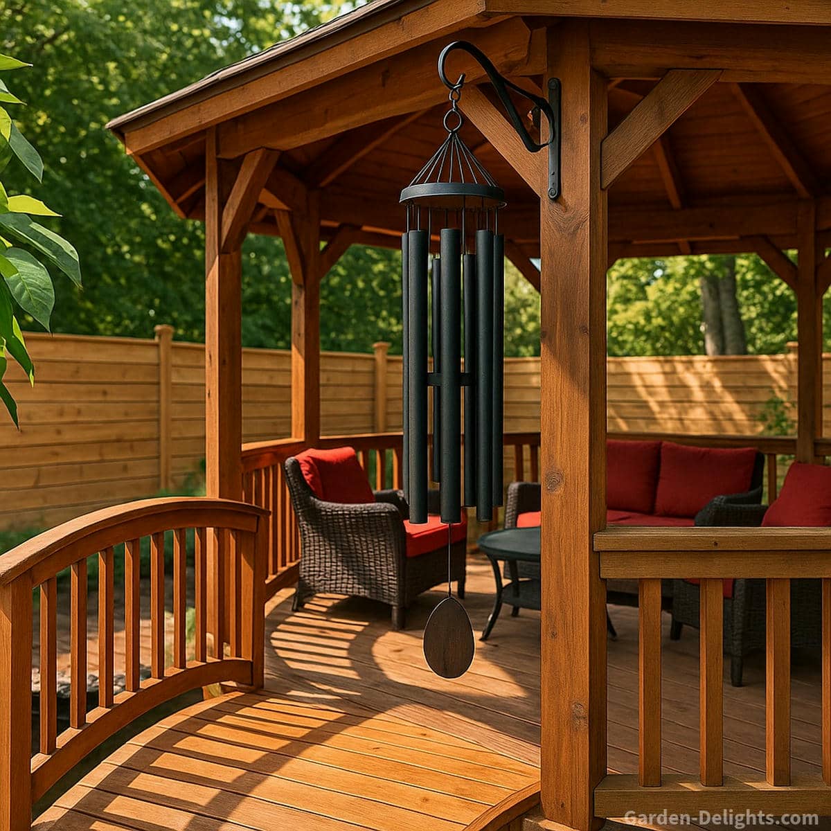 Large outdoor metal wind chime hanging inside a wooden gazebo built for high-wind areas, featuring heavy-duty metal tubes and reinforced suspension for strong sound projection and Feng Shui wind flow