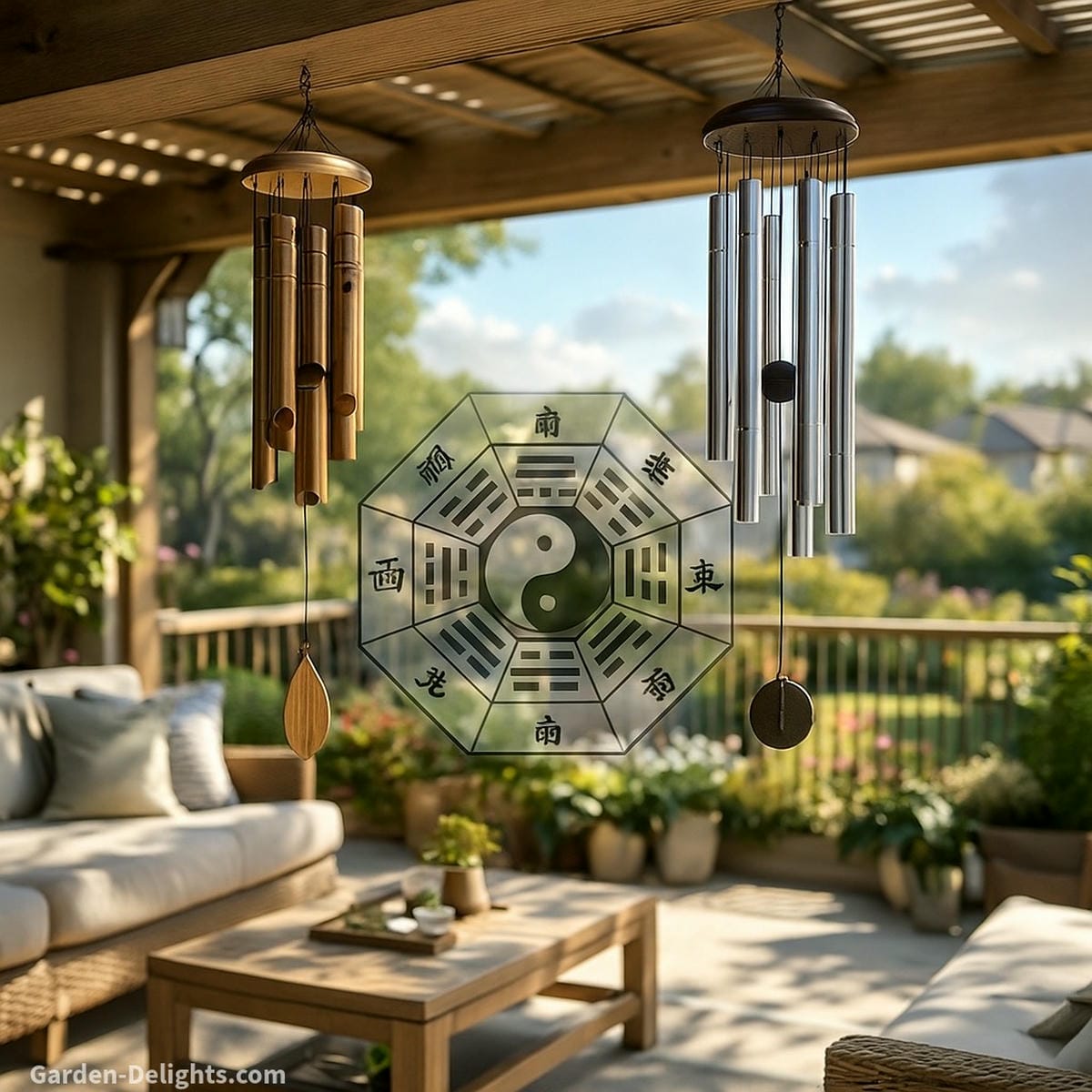 Patio bamboo and metal wind chimes hanging from a covered beam, aligned to Feng Shui Bagua directions to activate Chi flow, wealth energy, and outdoor harmony