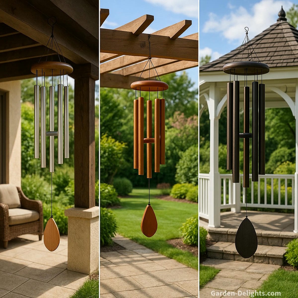 Wind chimes tuned for patio, pergola, and gazebo acoustics   from soft-tone chimes on a covered patio to medium-tone styles filtering breeze through an open pergola and deep-resonance metal chimes projecting across a spacious gazebo