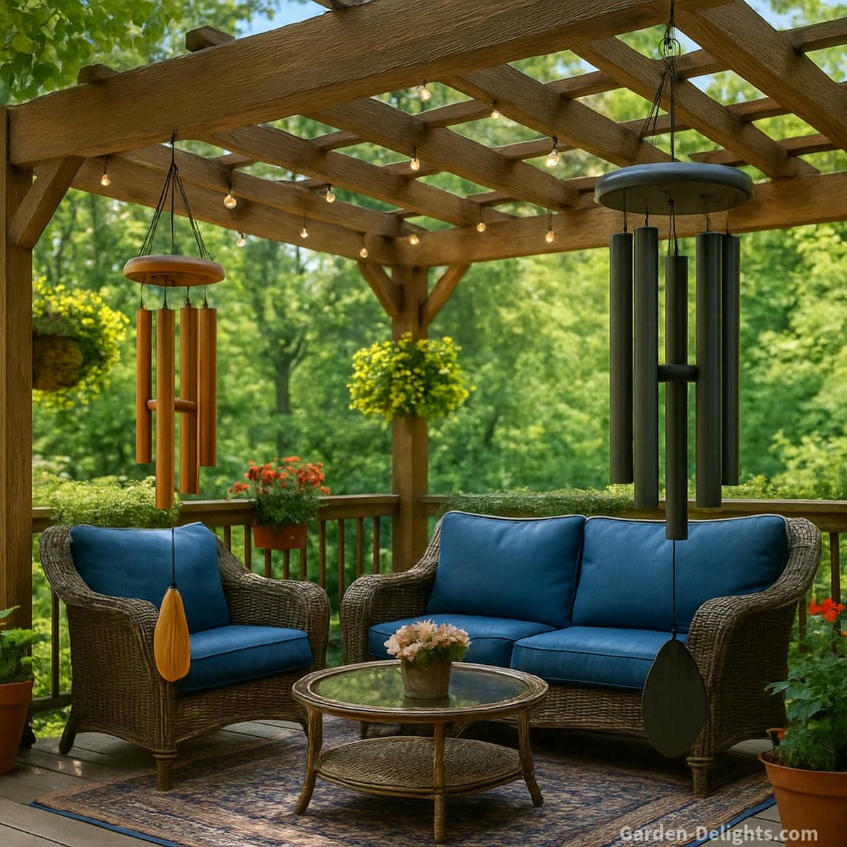 wind chimes in garden breeze creating soft tone harmony and balanced outdoor energy