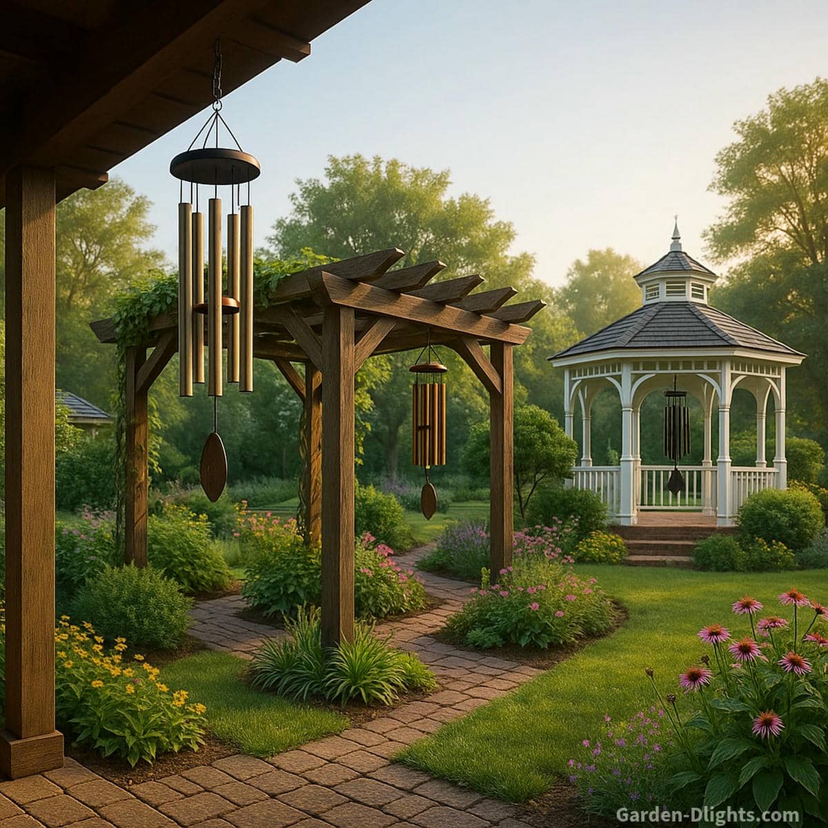 Tuned wind chimes hanging in a peaceful garden layout with a wooden pergola, covered patio, and a gazebo in the distance highlighting airflow, acoustic clarity, and Feng Shui energy balance across outdoor structures