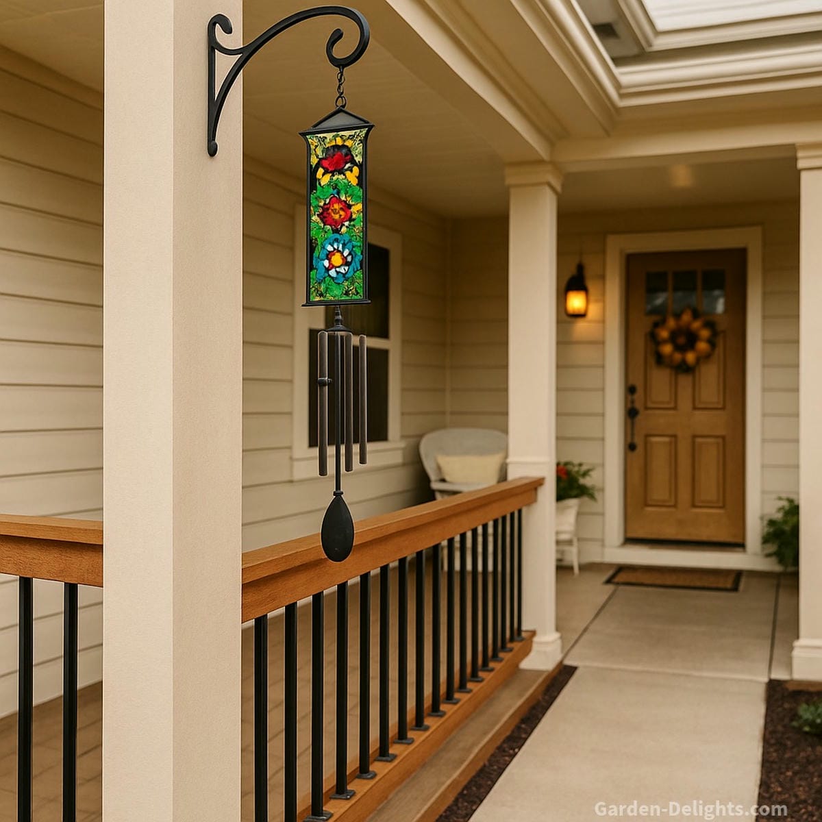 Stained-glass wind chime mounted high on a wooden patio post beside an open walkway entrance, casting soft color reflections and gentle sound into a cozy beige porch with white trim