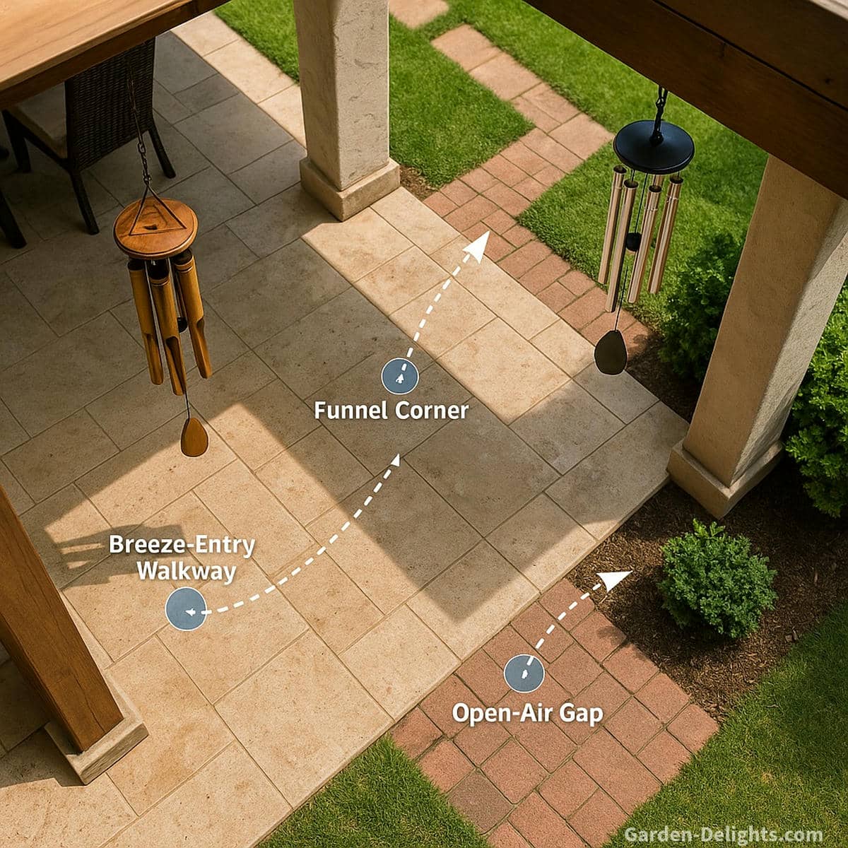 Overhead patio view with aluminum and bamboo wind chimes hanging near entry paths and airflow corridors highlighting wind tunnel corners, breeze entry points, and optimal acoustic Feng Shui placement