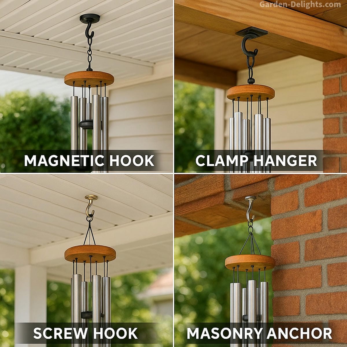 Patio wind chimes hanging from various ceiling types using magnetic hooks on vinyl soffits, clamp-on beam hangers, screw-in cup hooks in wood, and masonry anchors on brick trims illustrating secure installation, airflow positioning, and Feng Shui clarity