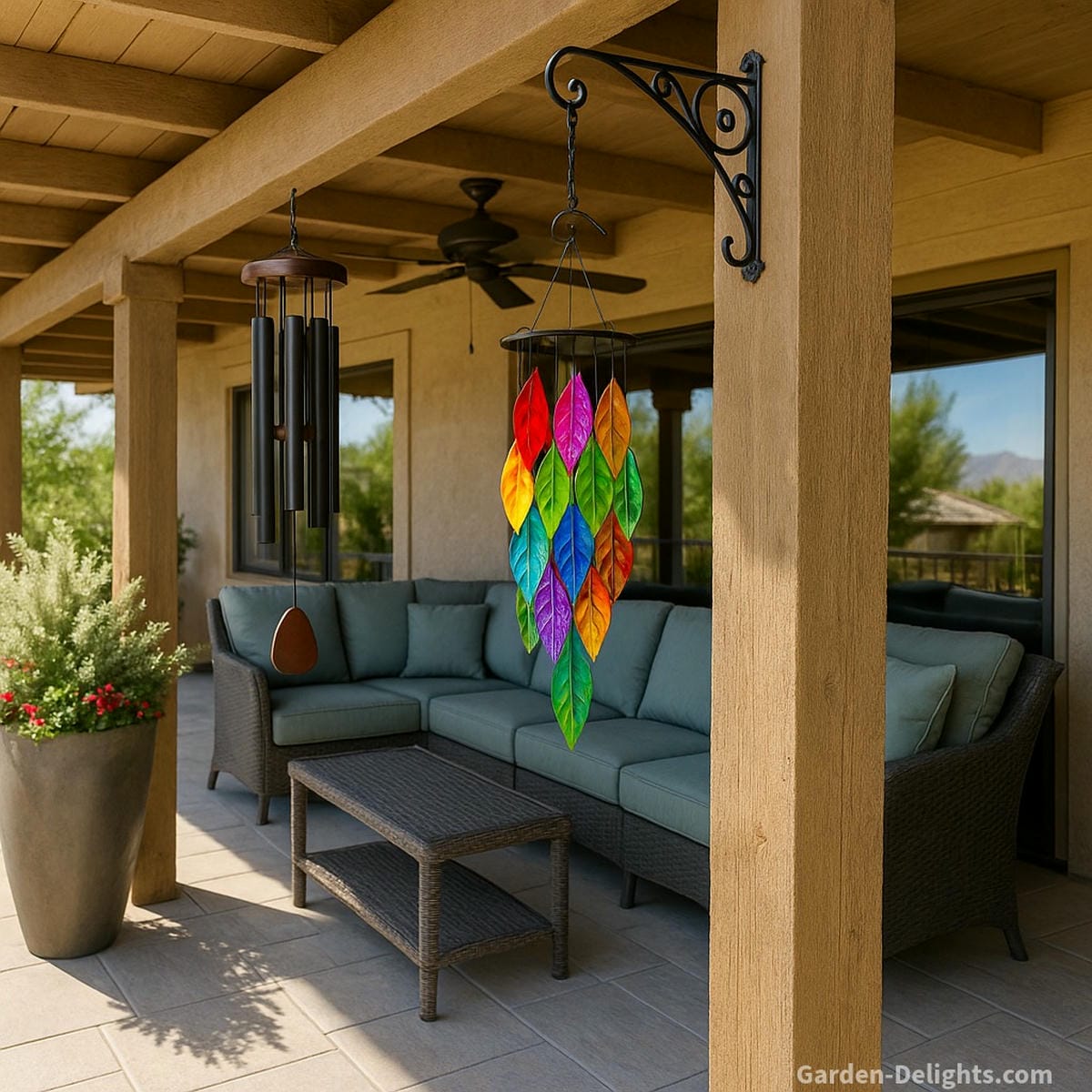 Small aluminum wind chimes hanging from wooden patio posts and colorful stained glass chimes mounted on a decorative hook high on the support beam, creating airflow balance, acoustic clarity, and Feng Shui-inspired outdoor harmony