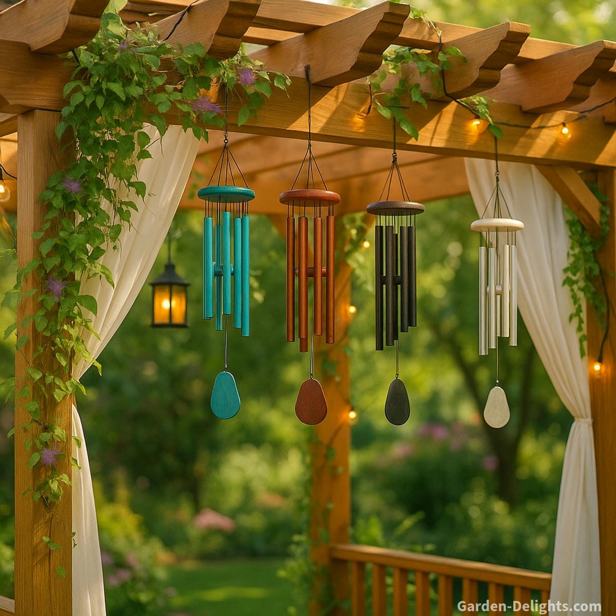 Decorative pergola with hanging wind chimes in varied colors and materials paired with climbing vines, lanterns, and draped fabric for balanced Feng Shui flow and visual harmony