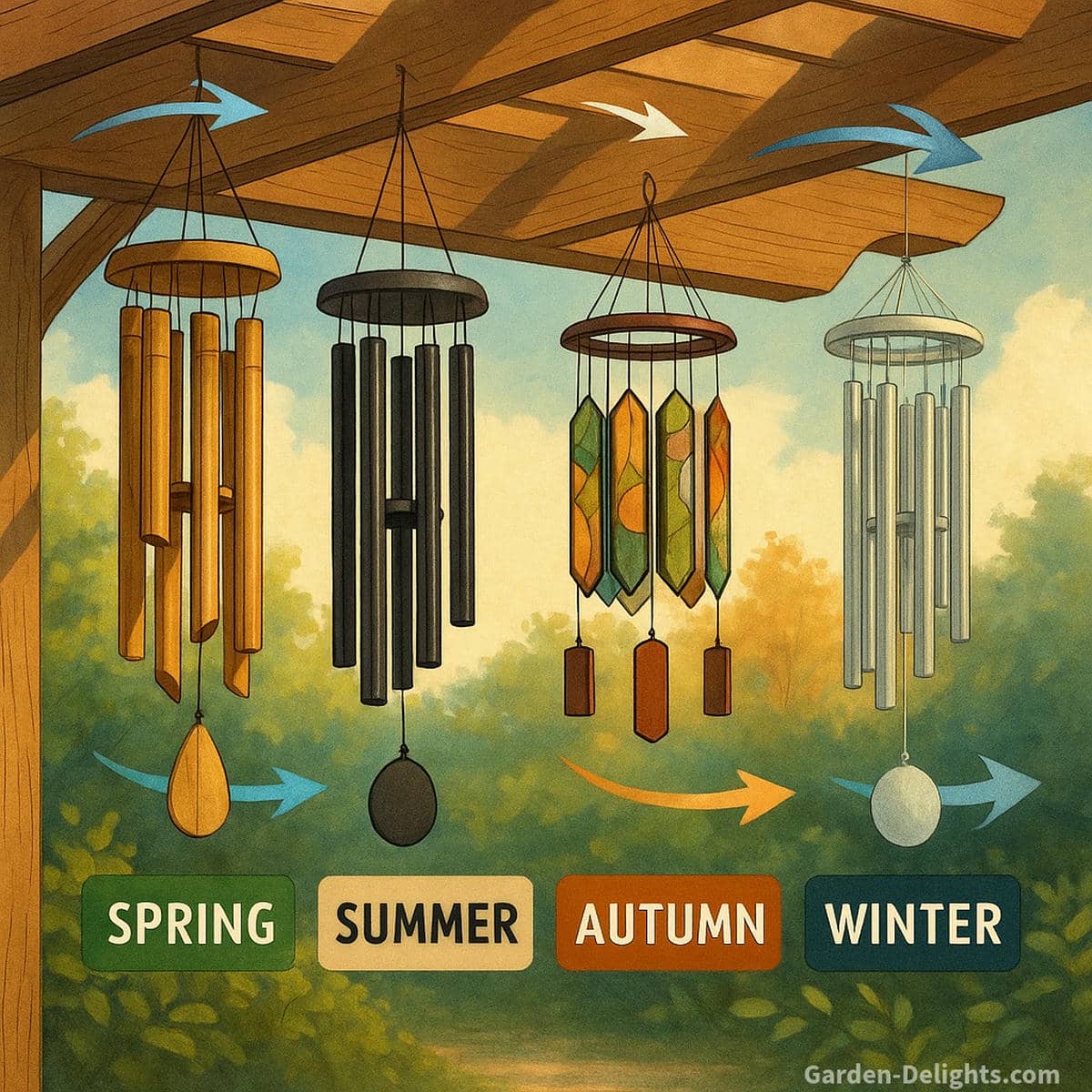 Seasonal pergola wind chimes positioned for spring, summer, autumn, and winter showing hanging height, material choices, wind direction tuning, and acoustic balance through changing weather