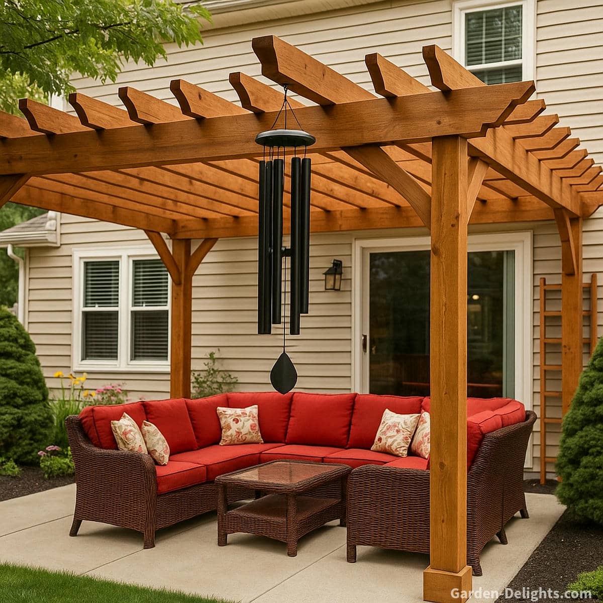 40–50 inch black metal wind chime hanging from the outer edge of a wooden pergola facing a white-trim home, above a red wicker sectional seating area with a patio table, showing ideal height placement, airflow tuning, and acoustic balance in a modern backyard