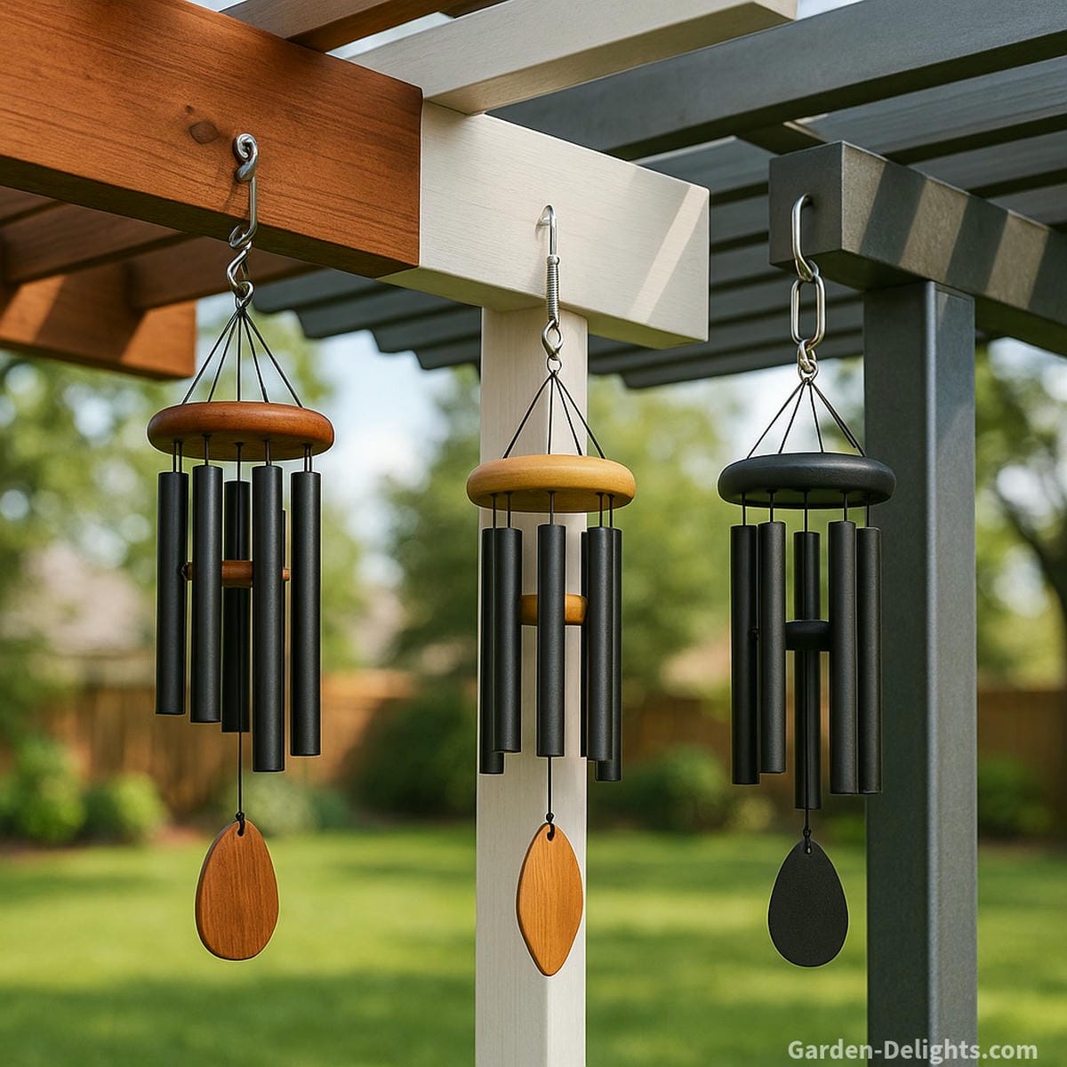 Wind chimes mounted on wood, vinyl, and metal pergola beams showing secure hardware installation, balanced airflow exposure, and outdoor sound clarity from properly spaced crossbeams