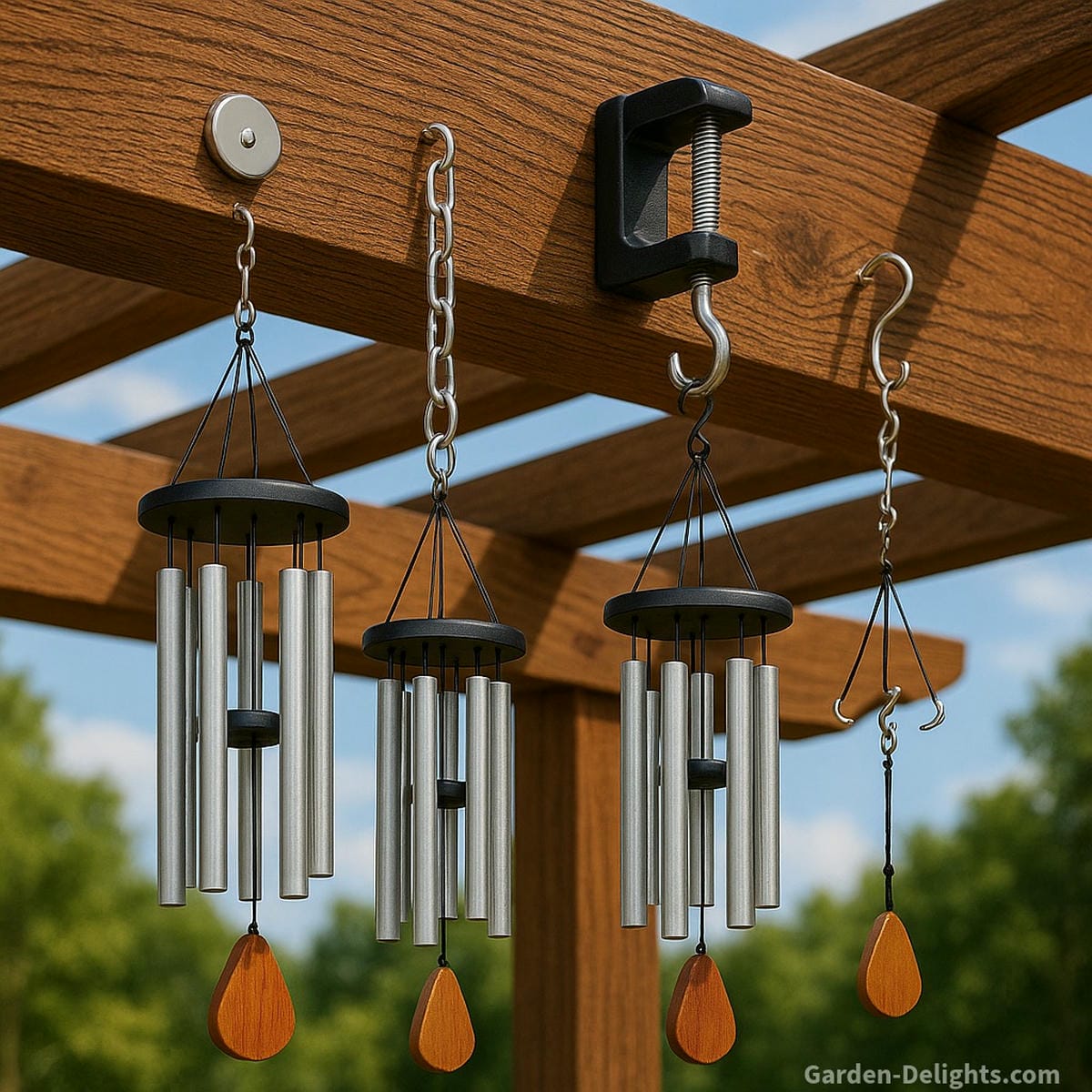 Wind chimes mounted on a pergola using magnetic hooks, clamp-style hangers, adjustable chain kits, and screw-in cup hooks showing no-drill options, airflow tuning, secure outdoor placement, and Feng Shui-balanced sound movement
