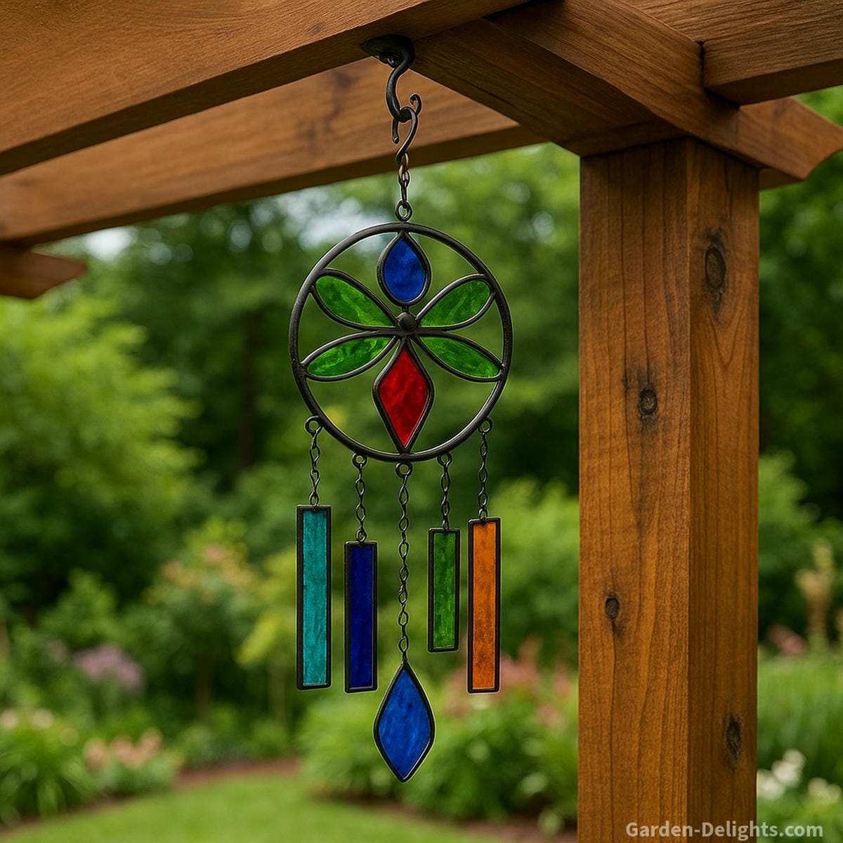 Decorative stained-glass wind chime mounted on a pergola beam using durable outdoor hardware, showing clear airflow movement and stable hanging hooks for balanced sound, garden ambience, and long-lasting pergola installation