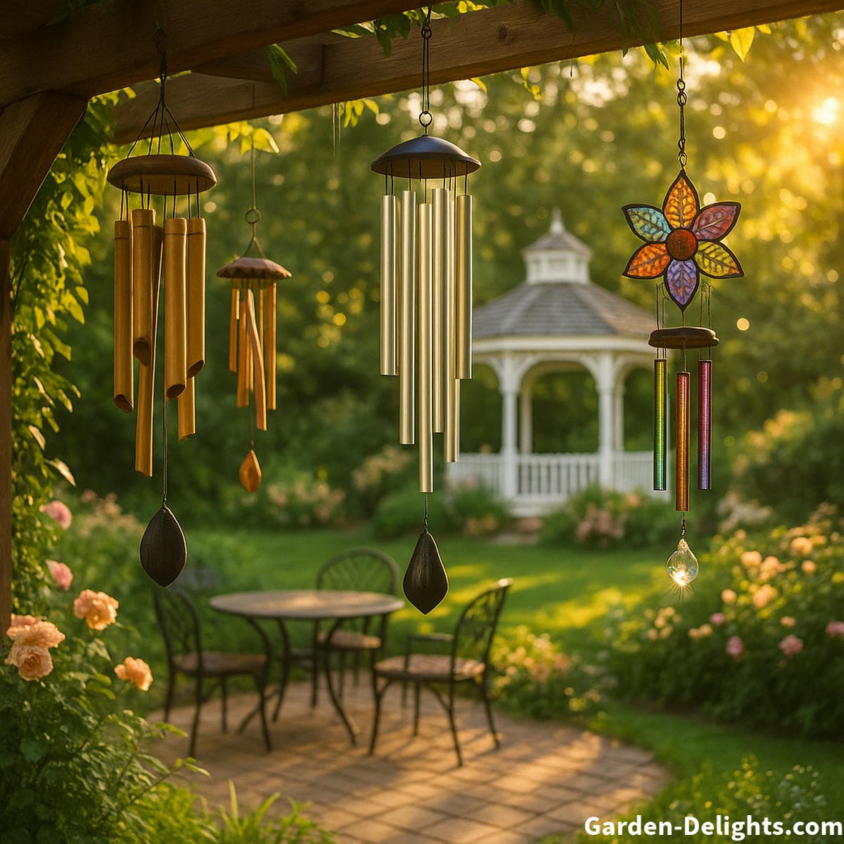 Serene garden with patio, pergola, and gazebo featuring deep-tone aluminum, bamboo, and solar wind chimes gently swaying in golden sunlight