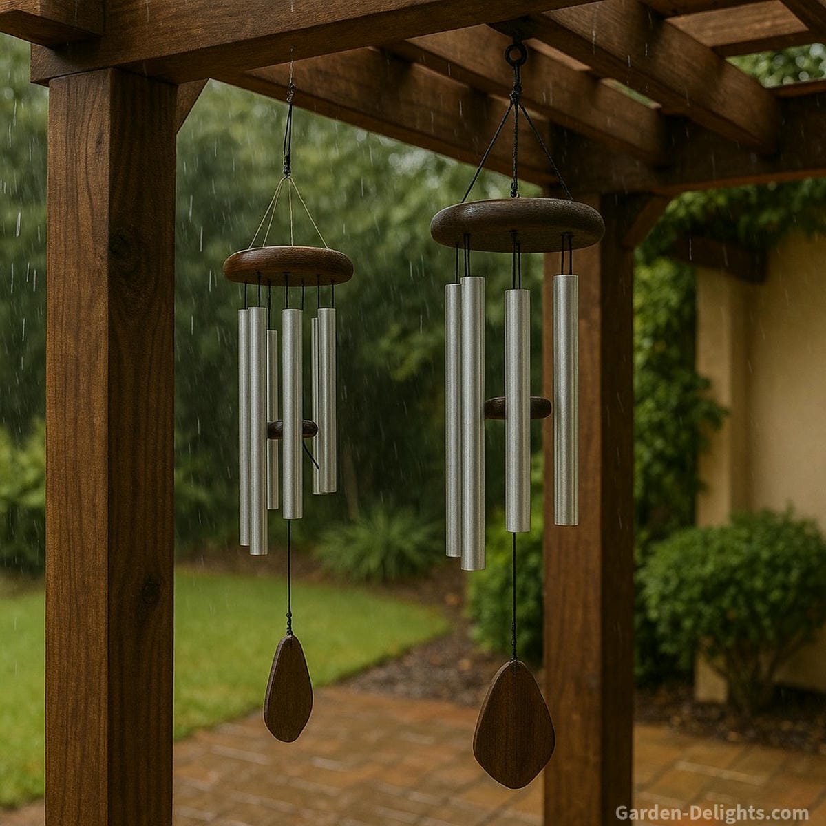 Outdoor wind chime care setup showing tie-offs with fishing line, removal for storms, and chimes secured near pergola beams with a shaded corner for wind protection