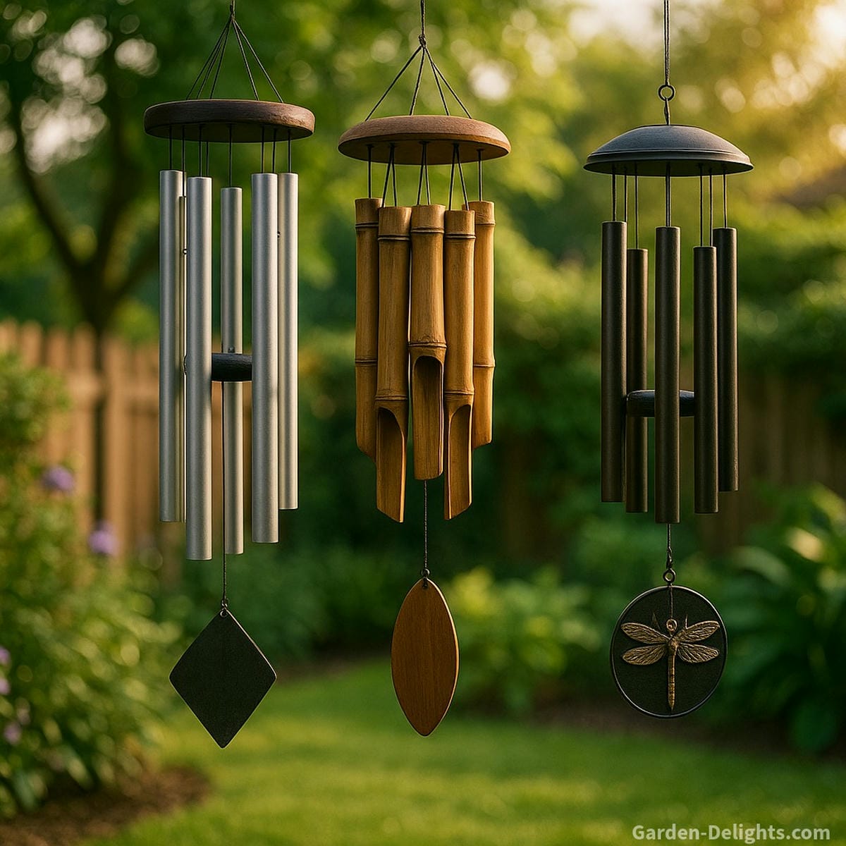 Aluminum, bamboo, and solar wind chimes hanging in a peaceful backyard garden with seasonal light, sturdy mounting, and Feng Shui alignment to prevent rust and maintain soothing tone quality