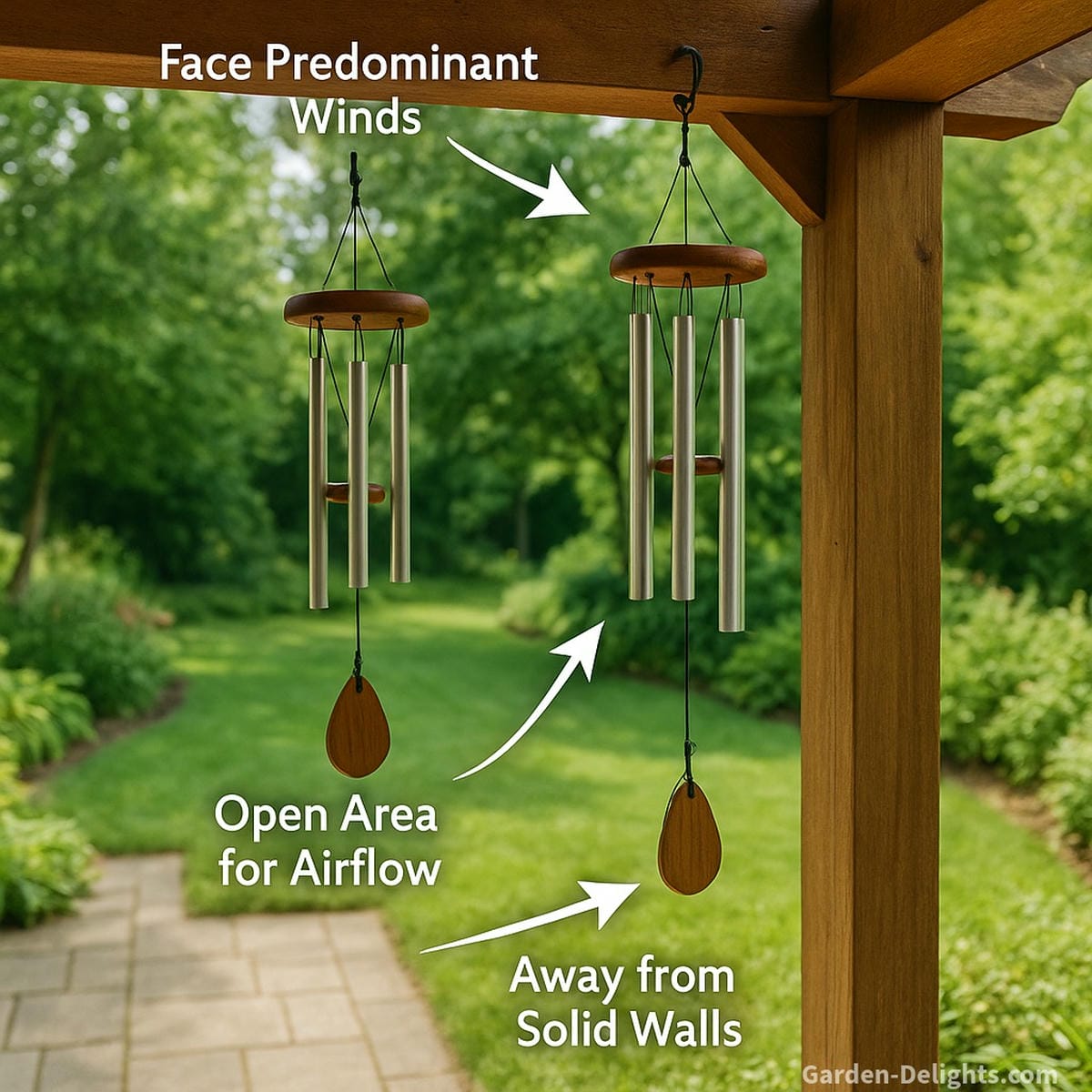 Two patio wind chimes hanging under a wooden pergola facing open garden wind channels, with strategic tie-offs and ample airflow from lush greenery beyond
