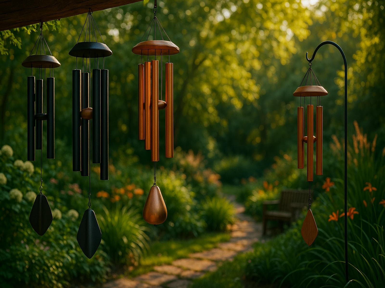 Best-sounding wind chimes with deep tone copper and aluminum tubes creating calming resonance in a sunlit backyard garden with flowers and a peaceful bench
