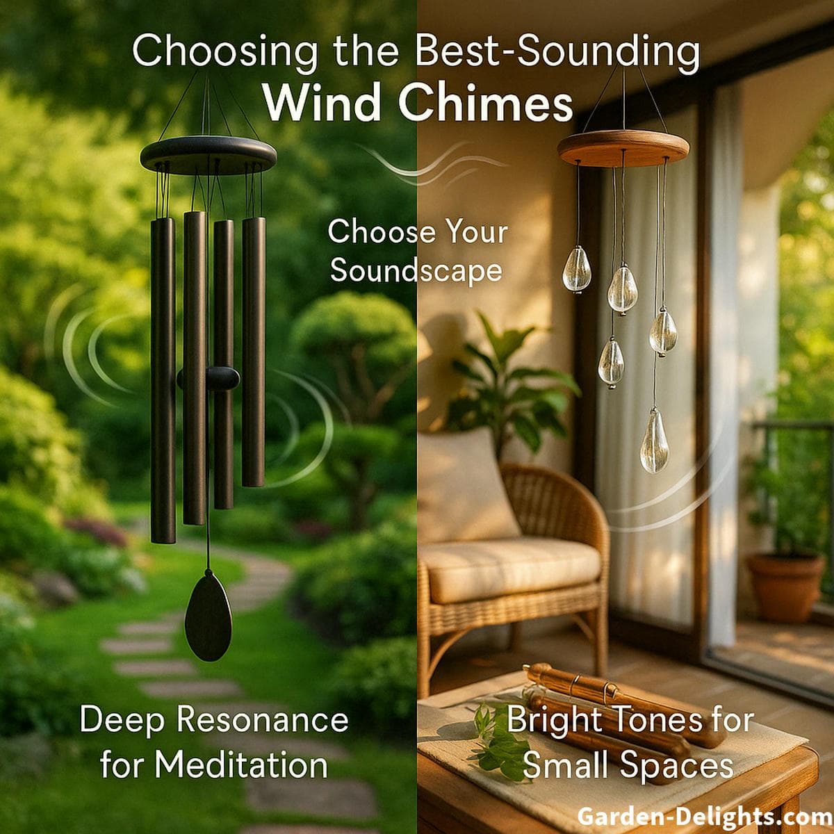 Split view comparing best sounding wind chimes for meditation and small spaces deep tone metal wind chime in a lush Zen garden and tinkling glass chime on a sunny balcony, showing how to choose wind chimes for sound clarity and acoustic preference