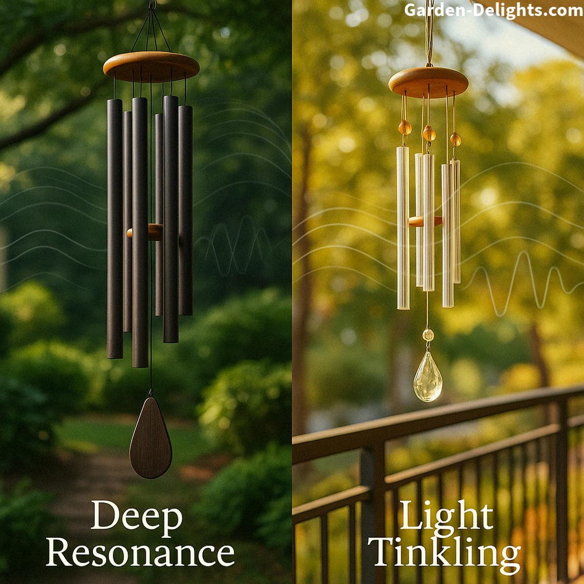 deep and light wind chimes reacting to airflow showing difference in tone depth and pitch