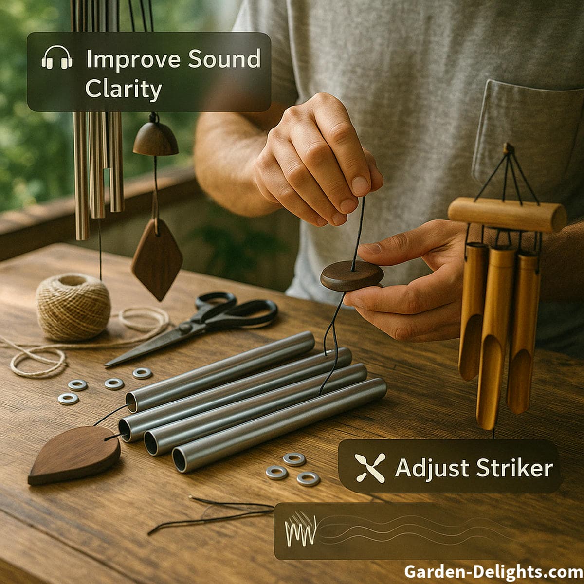 DIY wind chime tuning workspace showing hands adjusting the striker for better sound featuring metal and bamboo wind chimes, tuning tools, washers, and string to improve wind chime clarity and resonance