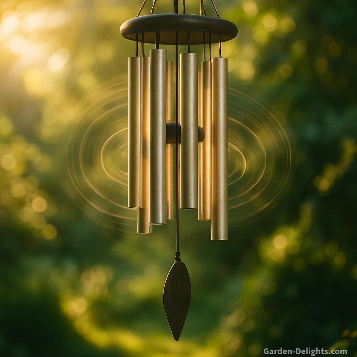 Tuned metal wind chimes hanging in a peaceful garden, surrounded by soft greenery and glowing sunlight illustrating resonance, vibration, overtones, and sustained harmonic energy that bring emotional calm and Feng Shui balance