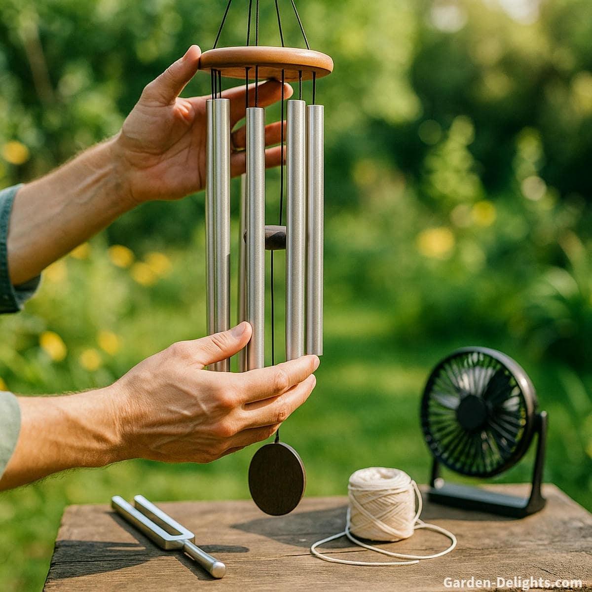 Hands testing a metal wind chime with tuning fork, fan, and airflow tools in a sunny garden demonstrating before-and-after acoustic testing, emotional tone calibration, and harmonic DIY upgrades