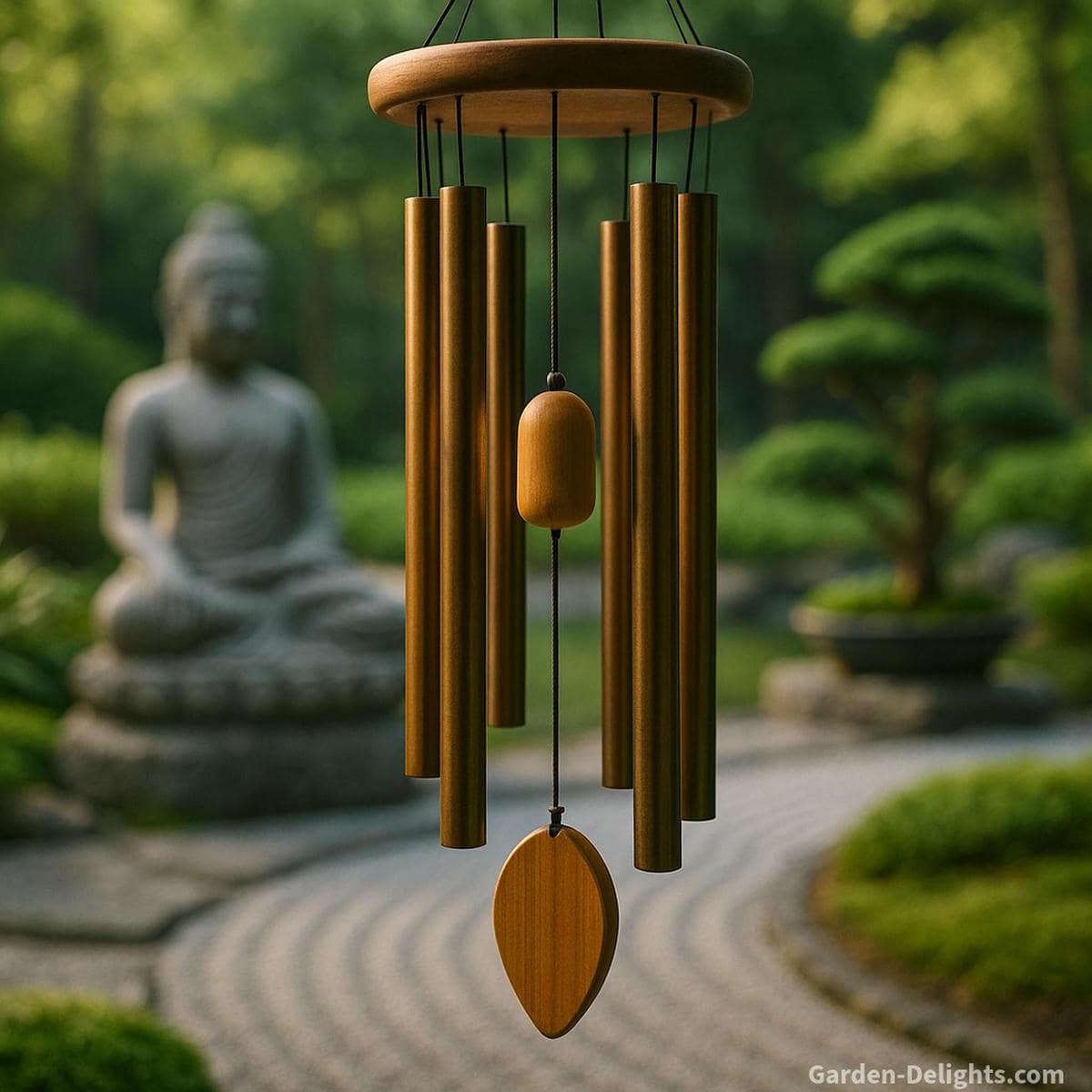 Close-up of a tuned wind chime clapper suspended in perfect alignment, surrounded by bronze tubes in a Zen garden symbolizing harmonic resonance, Chi balance, and emotional clarity