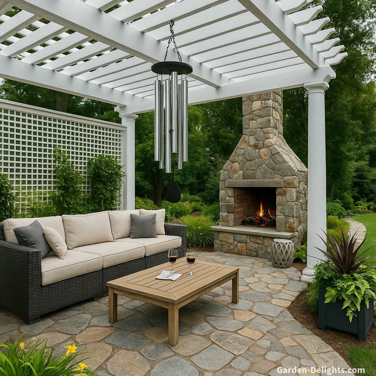 Aluminum wind chimes hanging above an elegant outdoor sectional and stone patio beneath a white pergola, with a glowing fireplace and side path symbolizing resonance clarity, energy flow, and Feng Shui harmony in a relaxed garden setting