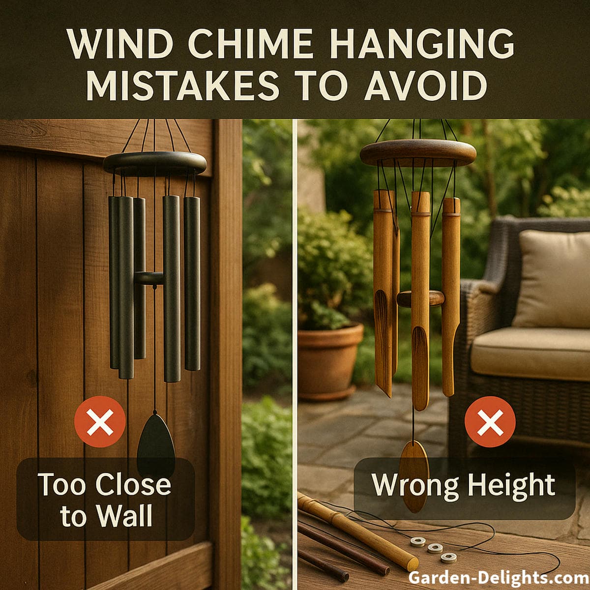 Wind chime hanging mistakes shown with metal and bamboo chimes too close to wall and hung too low near furniture, causing poor airflow, muted tones, and reduced sound clarity