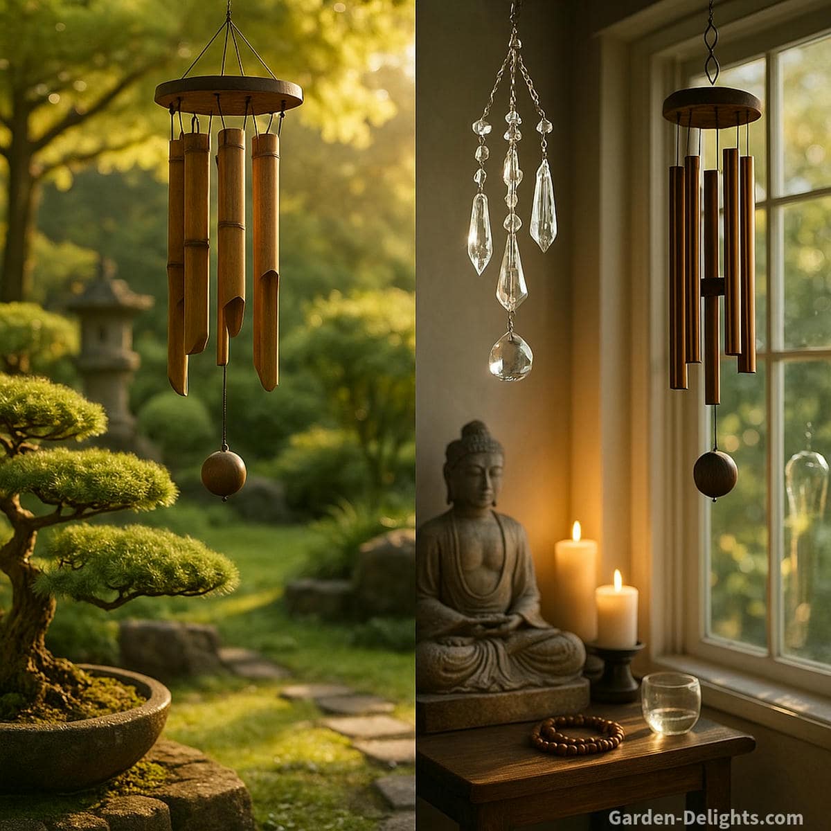 Wind chimes of crystal, bamboo, bronze, and glass hanging across tranquil spaces each radiating a unique sound signature and symbolic energy for healing, harmony, and Feng Shui balance in garden and indoor environments