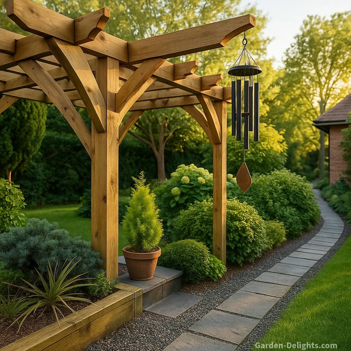 Wind chimes hanging from the end of a wooden pergola above lush garden vegetation symbolizing airflow balance, sound resonance, and Feng Shui Chi alignment for peaceful outdoor energy