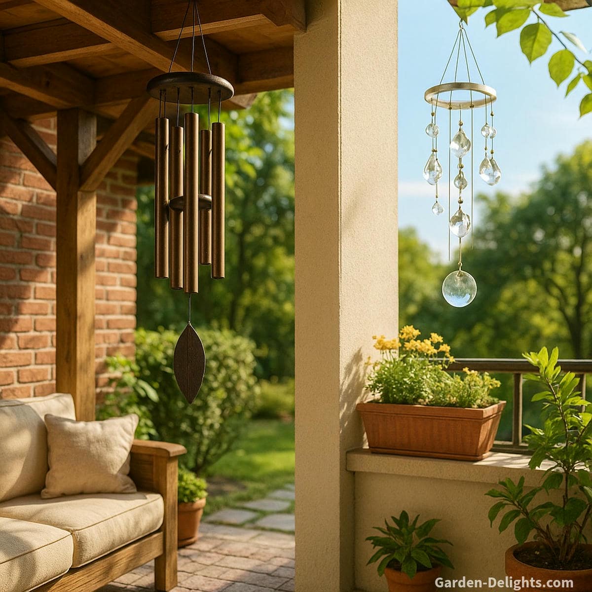 Wind chimes with mid-range and light tinkling tones hanging in a peaceful family patio and breezy balcony corner symbolizing joy, clarity, emotional uplift, and Feng Shui balance in everyday spaces