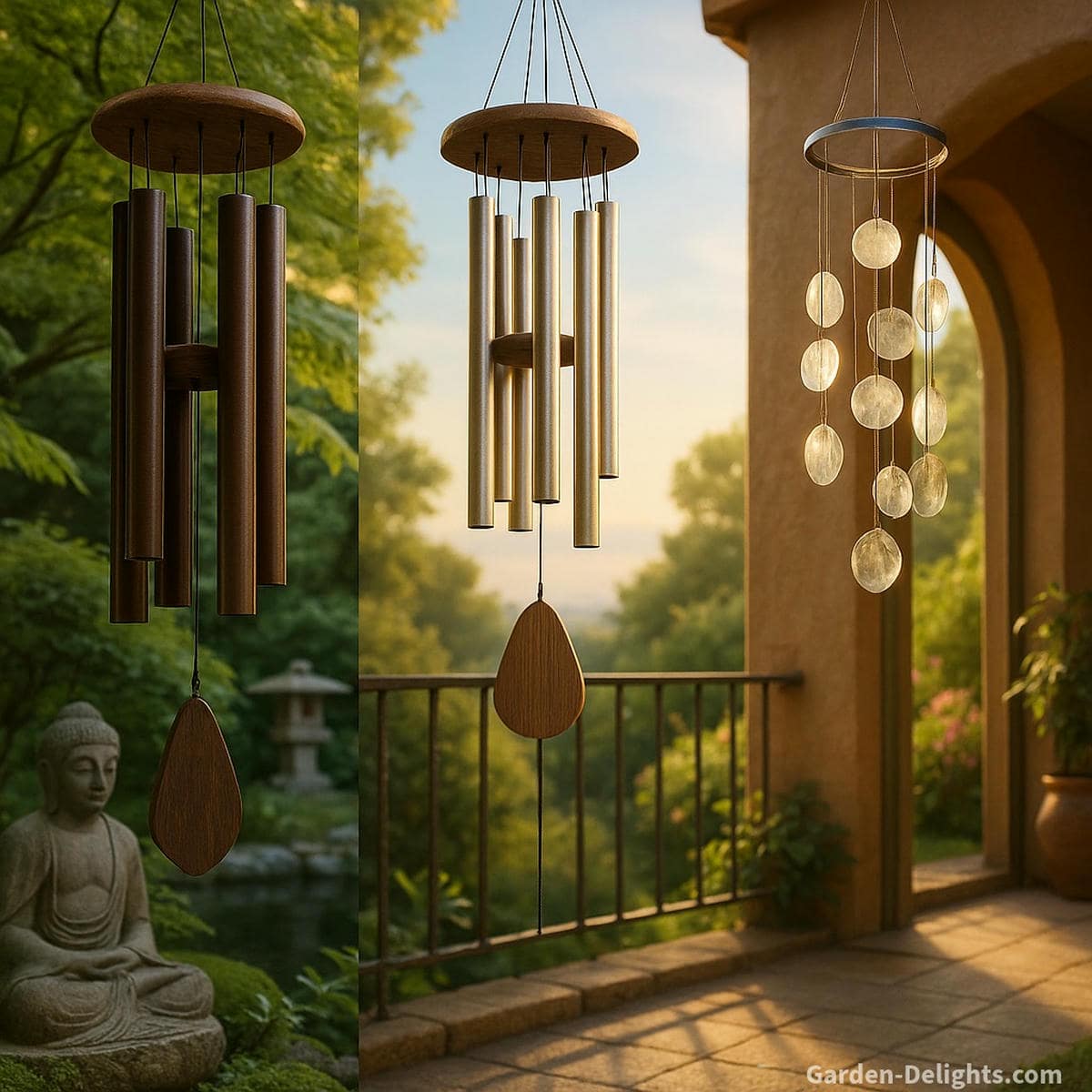 Deep, mid-range, and tinkling wind chimes displayed across calming outdoor spaces each evoking emotional resonance, sound energy, and Feng Shui harmony through unique acoustic profiles and symbolic tone