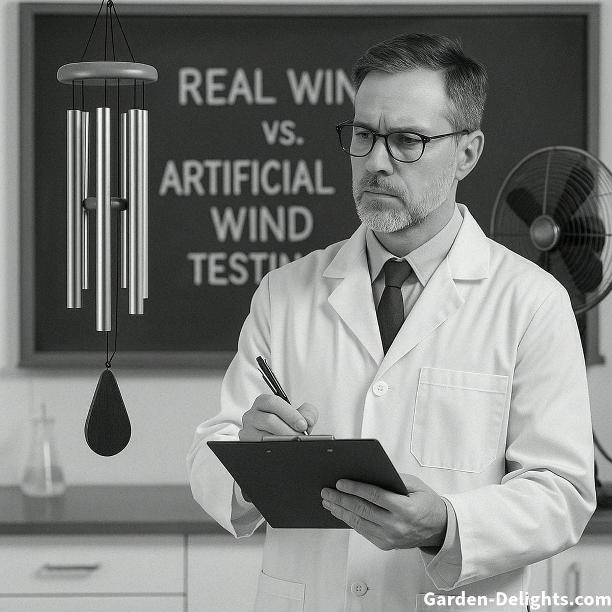 Scientist testing best sounding wind chimes under real wind conditions and artificial airflow contrasting acoustic resonance, frequency accuracy, and Chi energy flow with tuned and untuned chimes