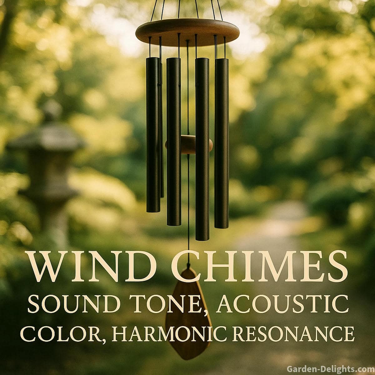 tuned wind chime swaying in a peaceful Zen garden surrounded by sunlight, soft breeze, and nature symbolizing sound tone, acoustic color, harmonic resonance, and emotional Feng Shui energy