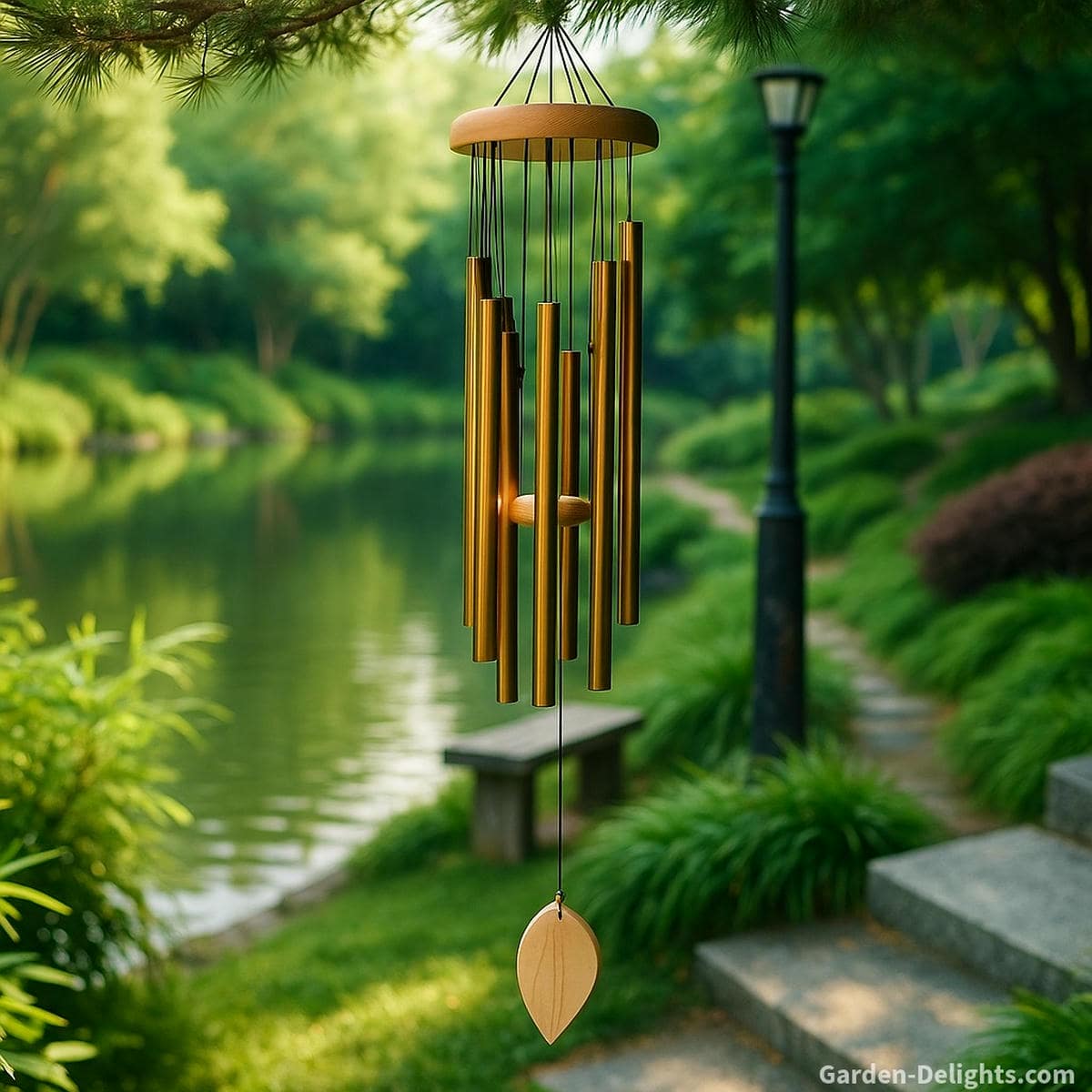 Tuned brass wind chimes swaying from a tree branch in a serene Zen garden with lakeside view, stone bench, and vintage lamppost symbolizing clarity, harmony, and emotional calm