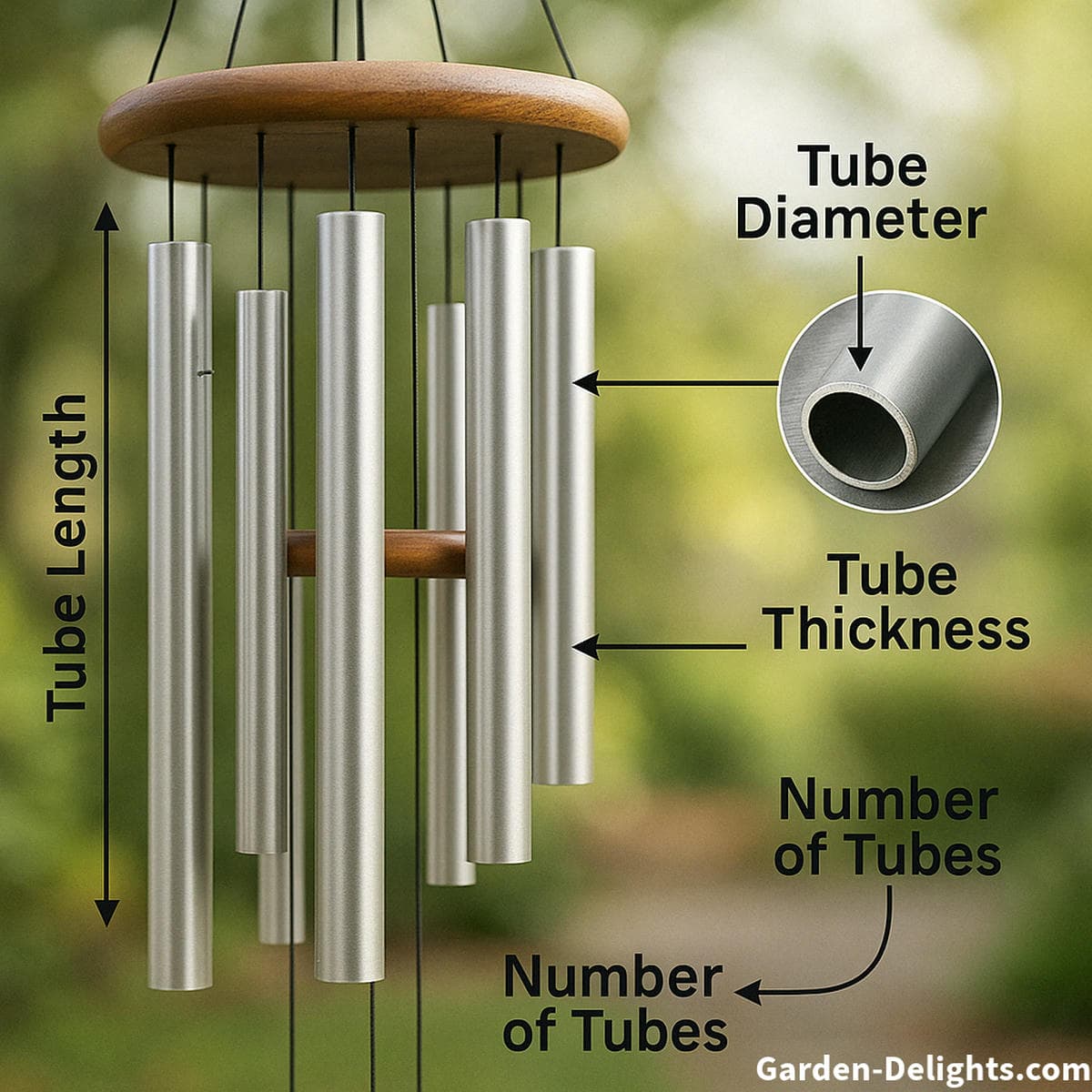 Diagram of wind chime design showing tube length, diameter, and thickness variations with labeled acoustic notes illustrating how tuned chimes create resonance, tone depth, and harmonic sound flow in a garden setting.