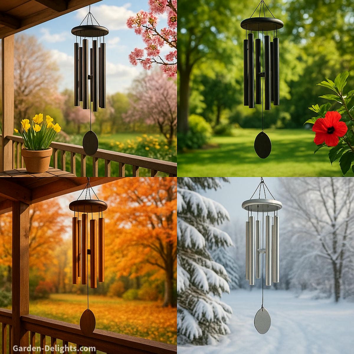Four seasons visual showing wind chimes in summer gardens, snowy porches, autumn patios, and spring balconies—symbolizing seasonal placement and sound harmony
