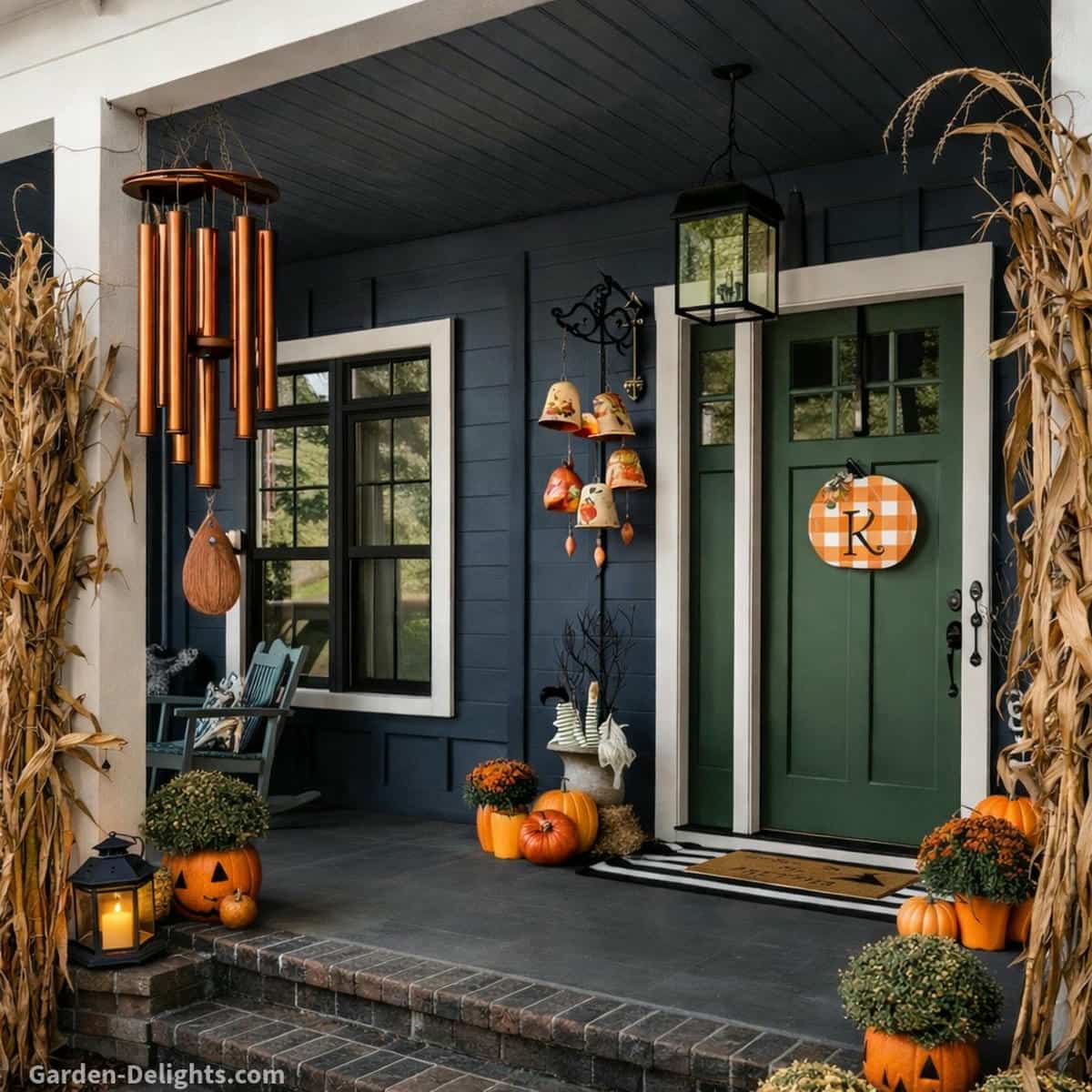 Autumn front porch with copper and ceramic fall wind chimes hanging near a green door on a dark grey patio floor with pumpkins, mums and a warm lantern glow that creates symbolic welcome energy and calm seasonal sound in cool fall air