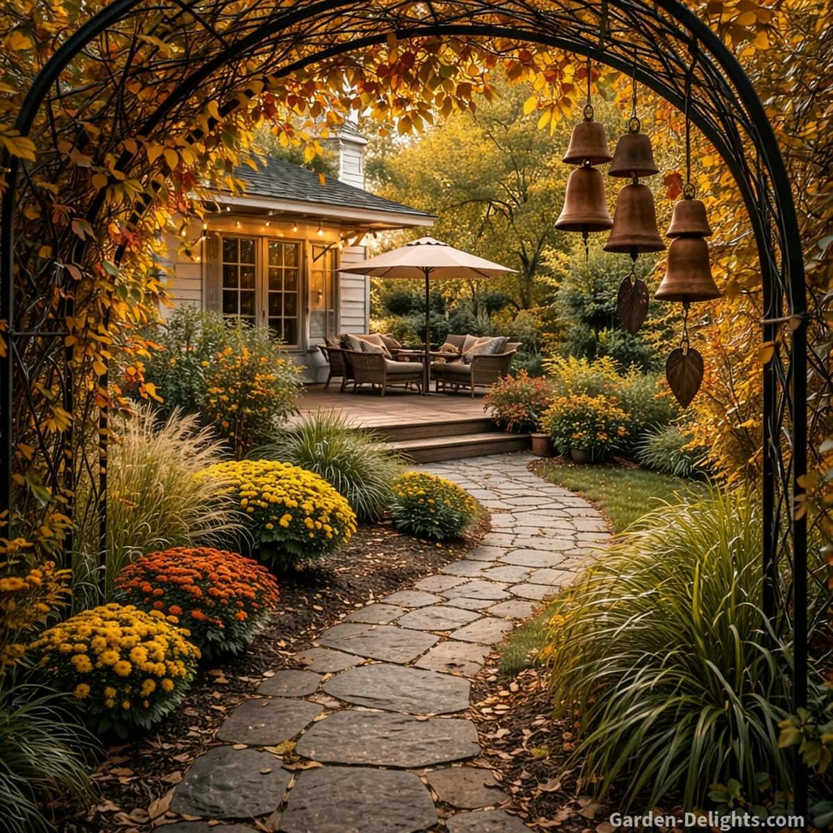 Fall garden arch covered in autumn vines with terracotta wind chimes hanging off to one side above a curved stone path that leads toward a warm backyard deck with patio furniture where mums and grasses guide soft airflow and create gentle seasonal sound with emotional comfort and symbolic fall movement