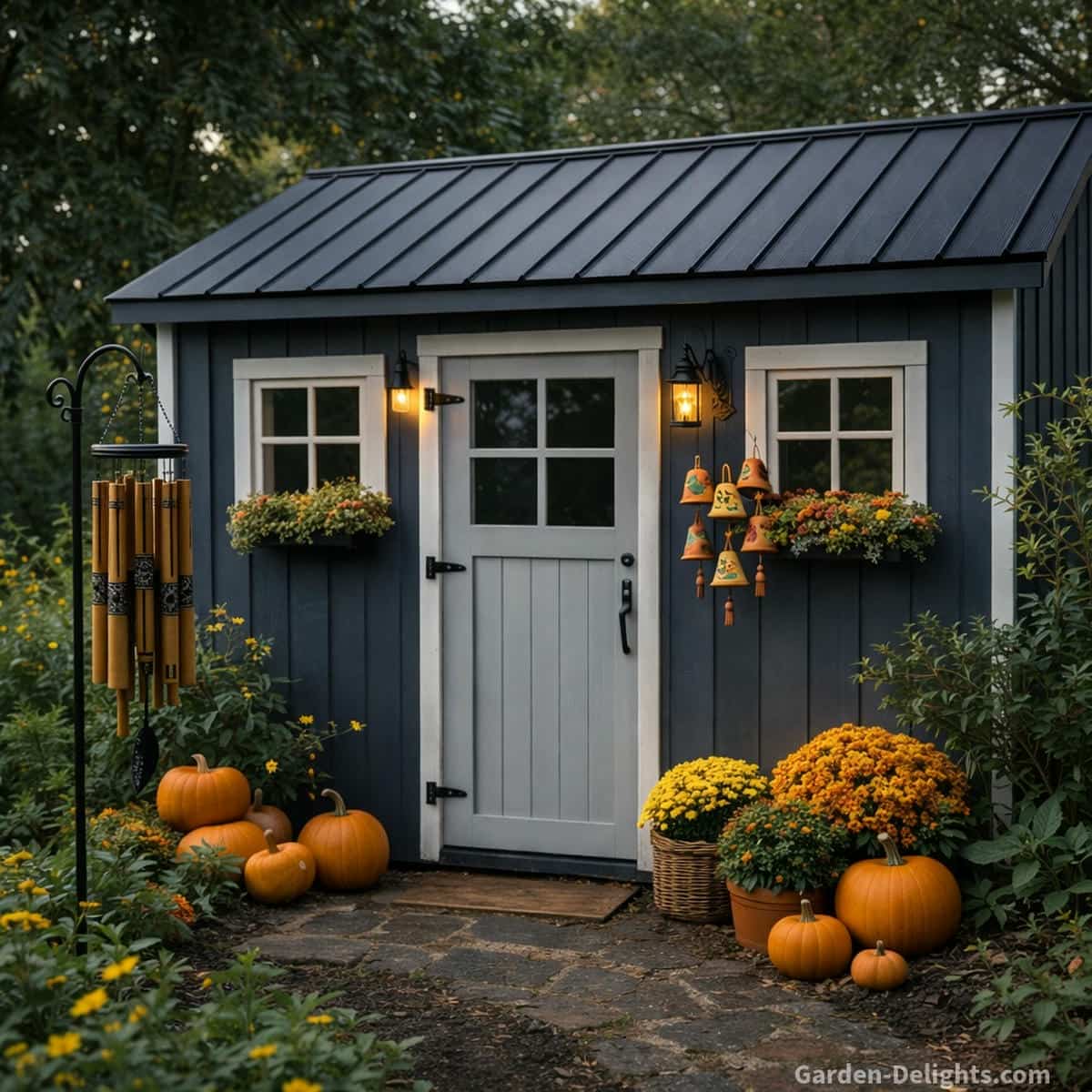 Fall garden shed with bamboo wind chimes on a tall shepherds hook in the left garden bed and ceramic bell chimes on a cast iron hook near the white trimmed window with pumpkins, mums and soft outdoor autumn light that creates symbolic seasonal comfort and gentle acoustic tone for small backyard spaces