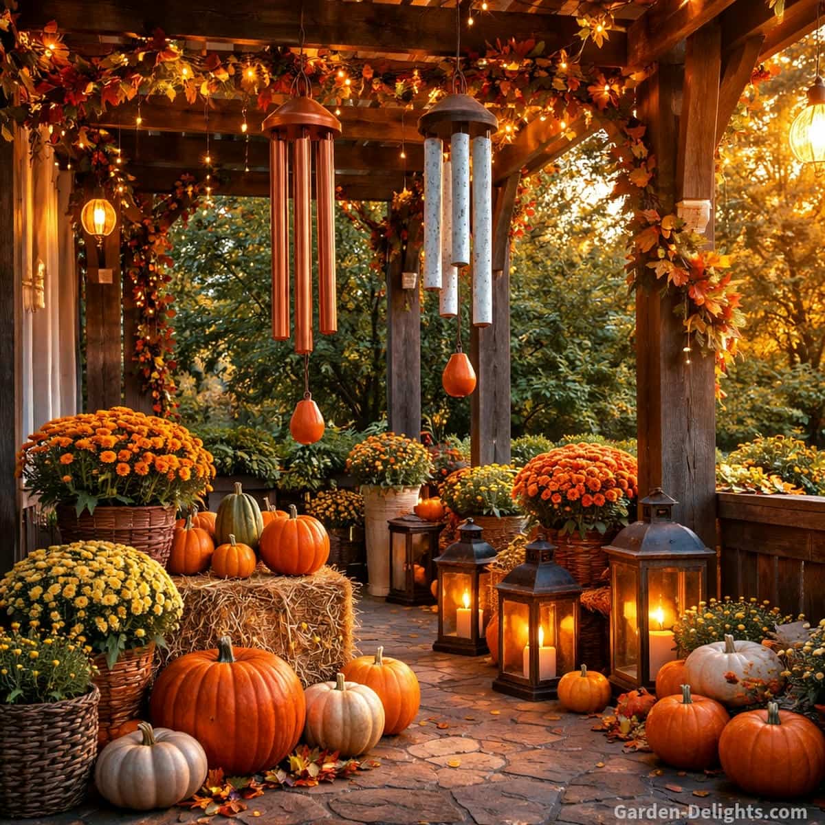 Fall patio decorated with copper and ceramic wind chimes hanging beside pumpkins, lantern clusters, autumn garlands and warm seasonal textures for a cozy harvest ambiance