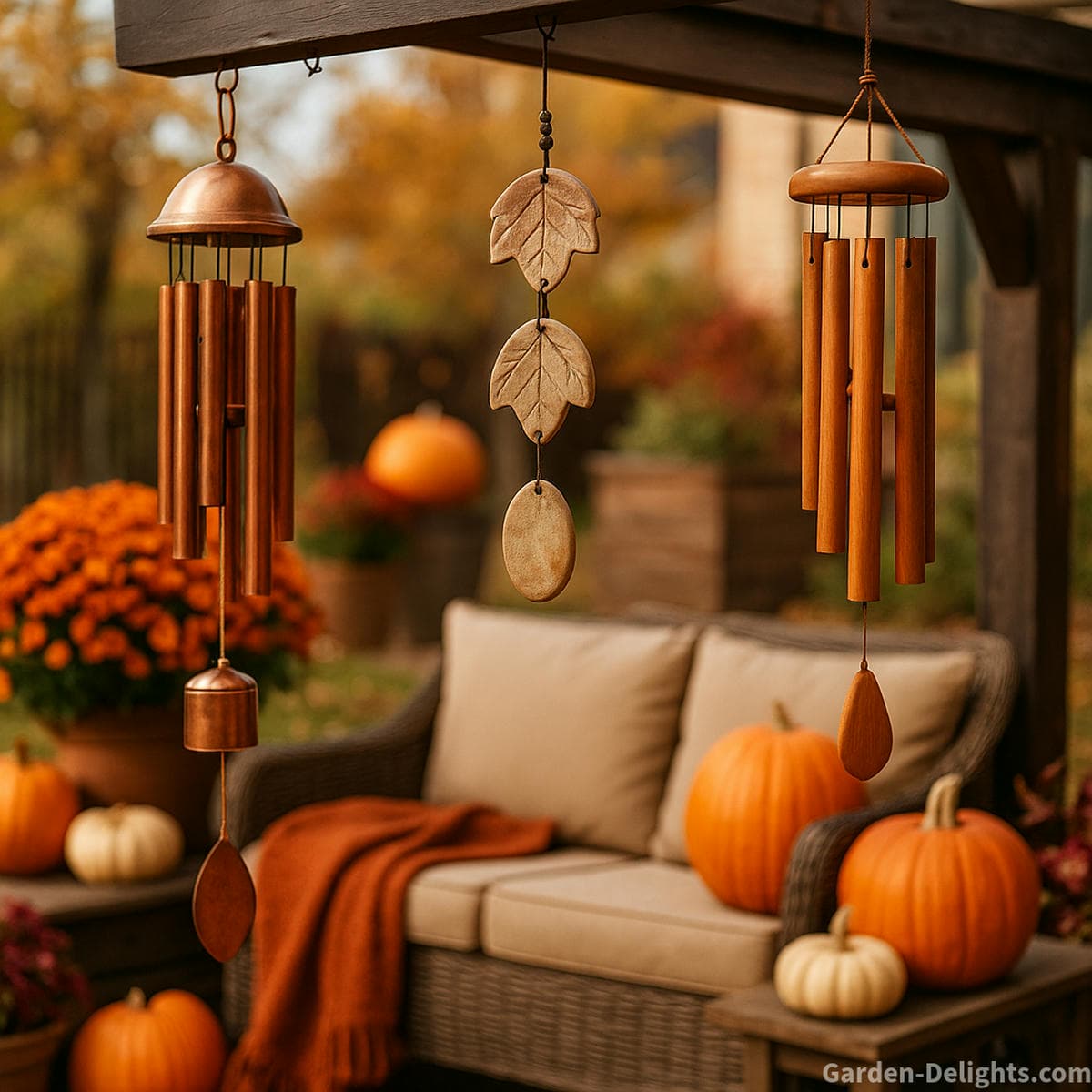 fall wind chimes in soft airflow creating warm tone in autumn patio