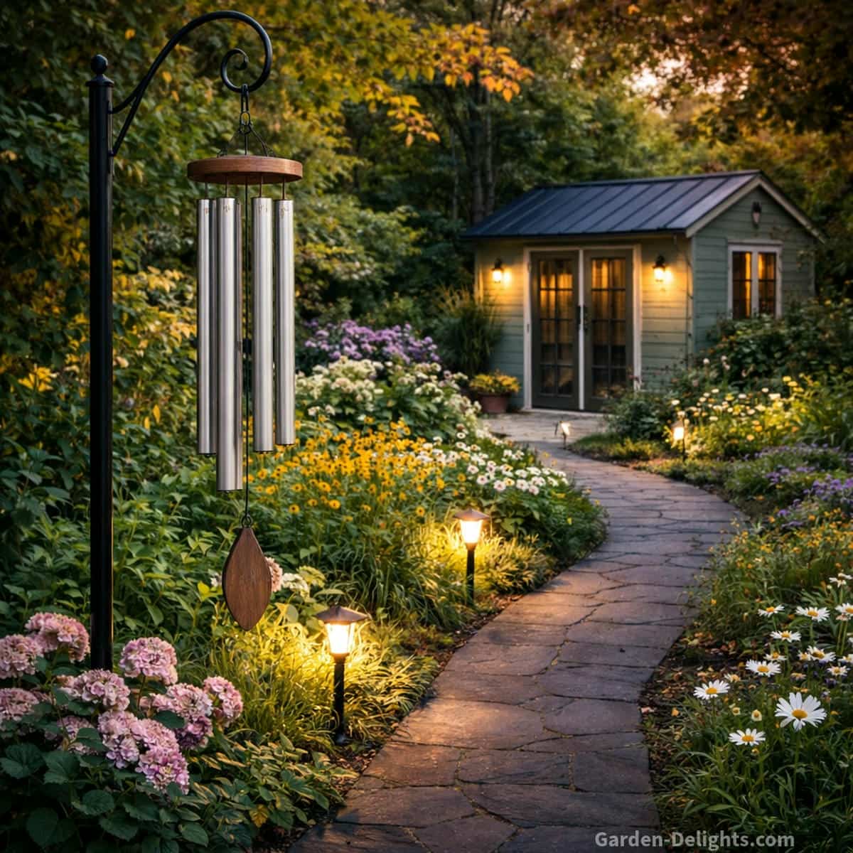 Decorative wind chime hanging from a black shepherds hook beside a curved dark stone garden pathway lined with solar path lights flowers and lush green foliage in a peaceful twilight garden with a soft lit exterior shed and subtle seasonal light cues that reflect spring warmth summer brightness fall glow and winter clarity