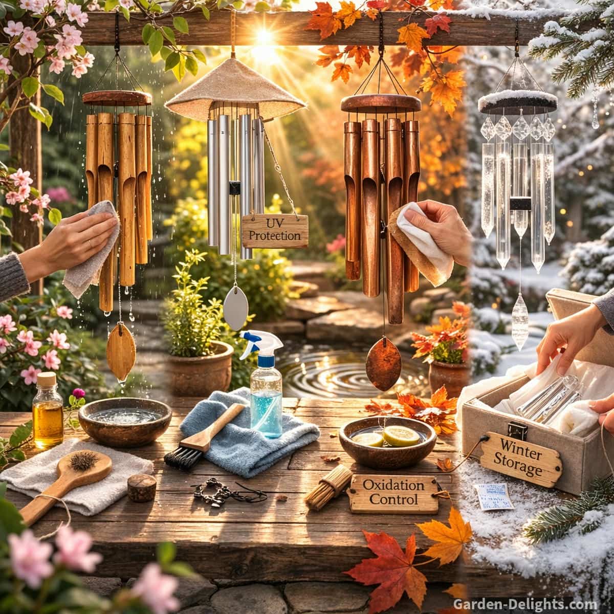 Seasonal wind chime care across spring summer fall and winter showing bamboo aluminum copper and crystal wind chimes being cleaned protected and stored in a peaceful garden setting that reflects Feng Shui balance calm resonance and year round wind chime maintenance