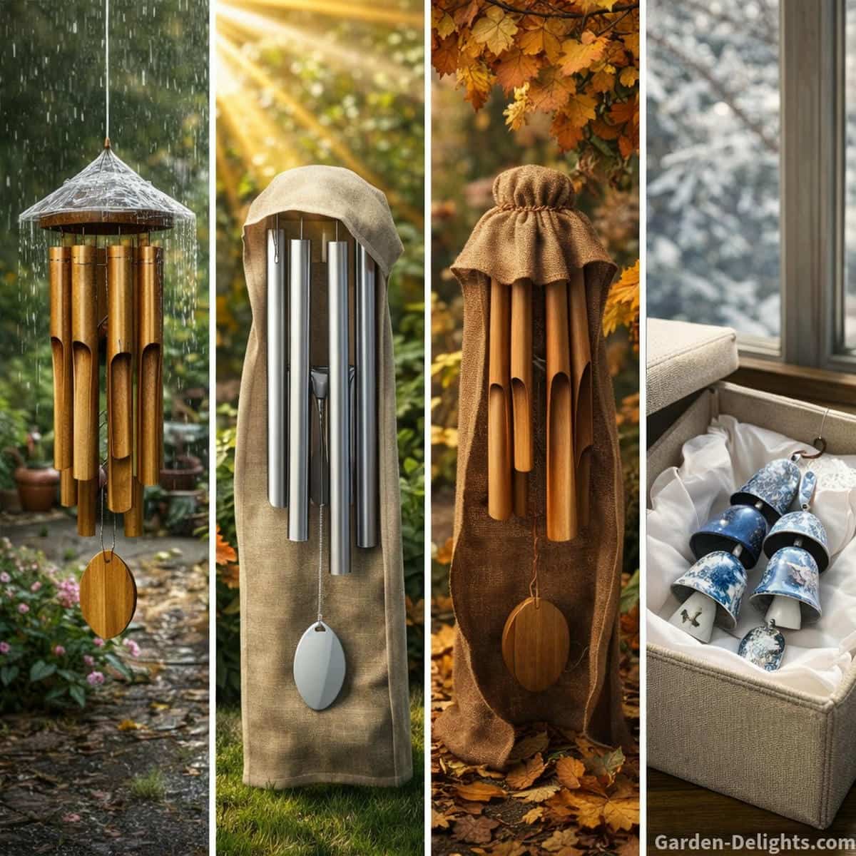 Seasonal wind chimes protected from rain sun wind and frost showing weather safe storage and outdoor durability for bamboo aluminum copper and ceramic chimes