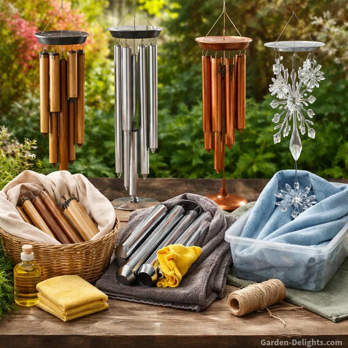 Hands cleaning and wrapping bamboo aluminum copper and crystal wind chimes showing seasonal maintenance routine for spring summer fall and winter care