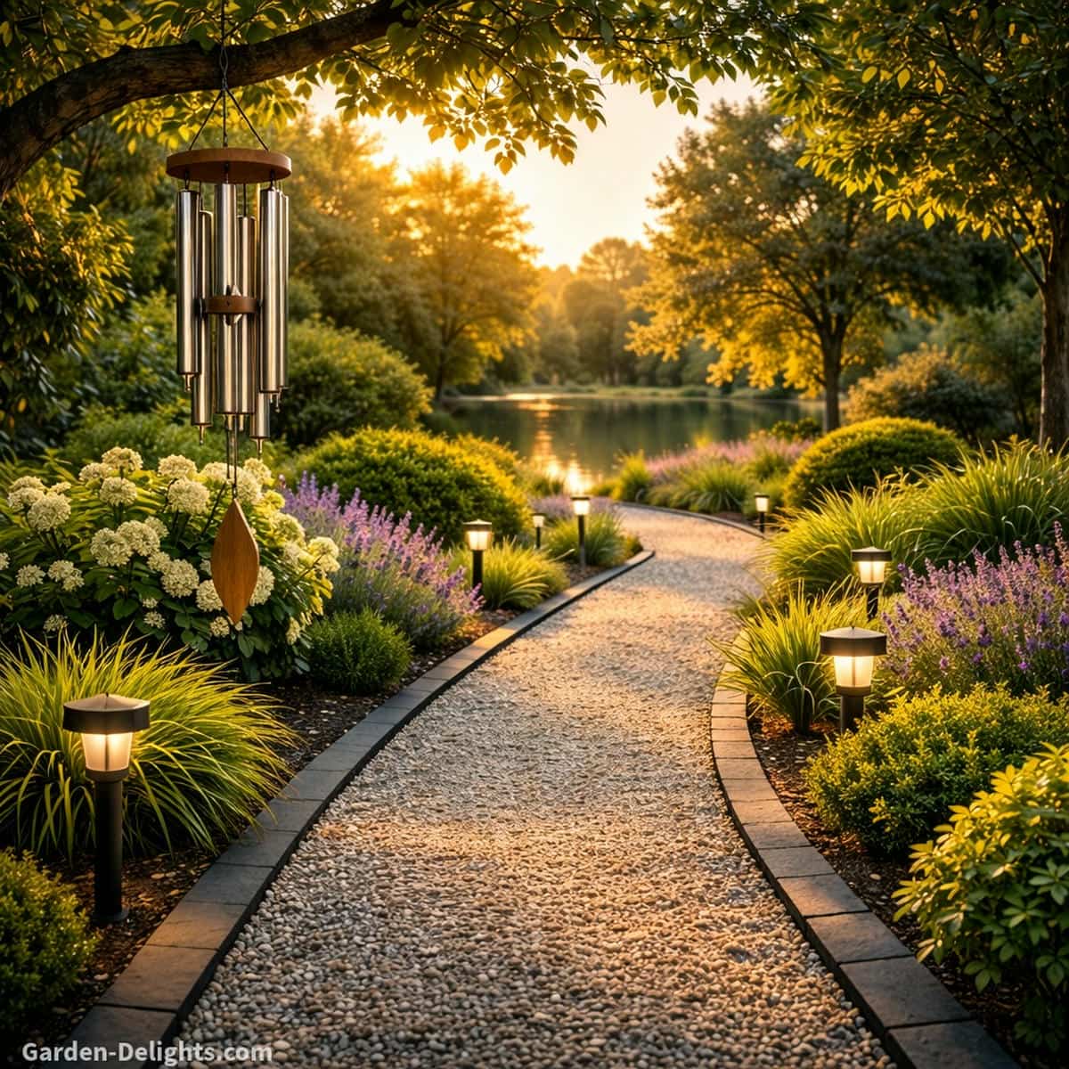 A seasonal wind chime hanging above a modern garden pathway with smooth gravel dark slate edging warm golden hour light structured plants and a peaceful lake in the distance creating steady sound and year round outdoor harmony